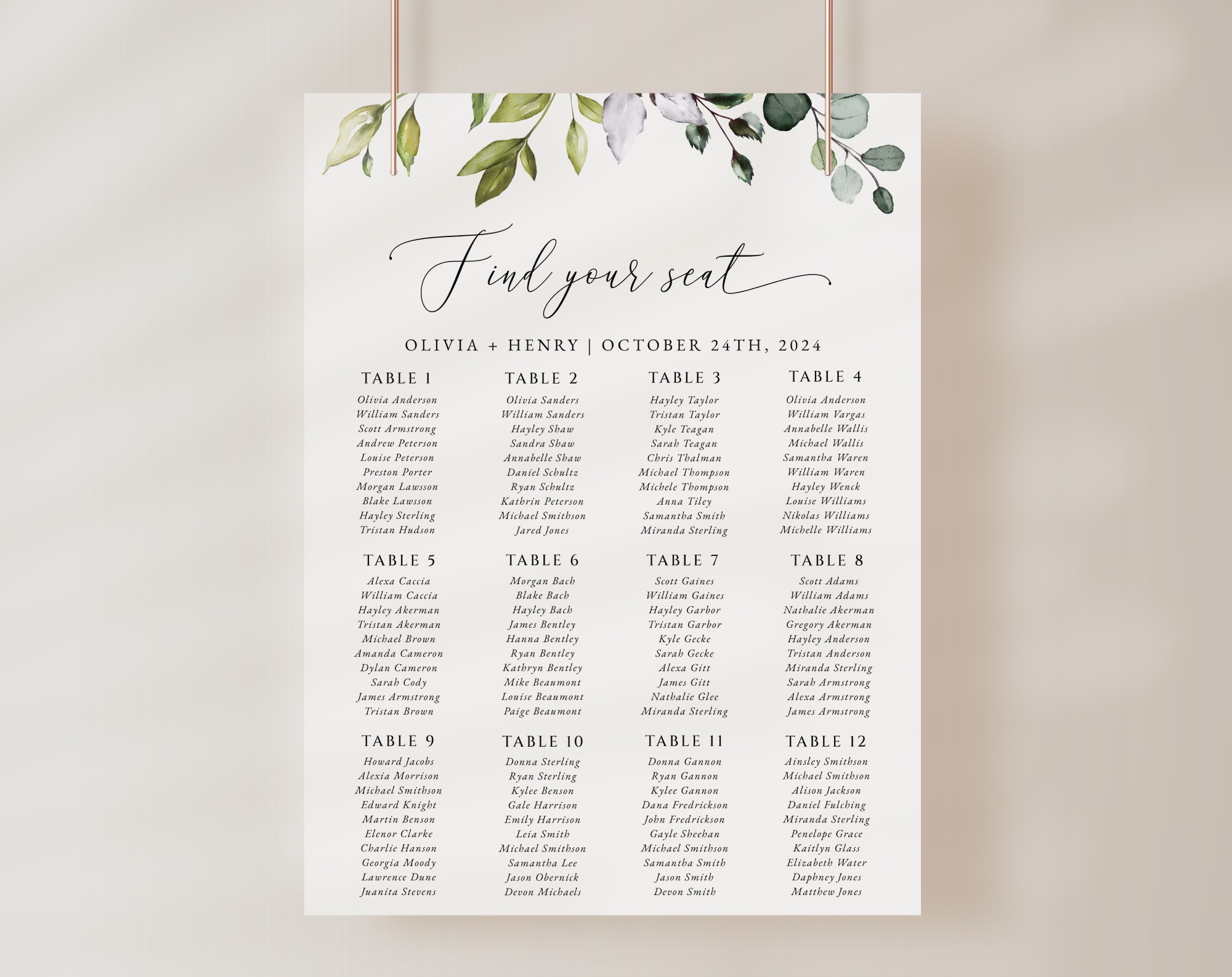 Eucalyptus Leaves Seating Chart, Wedding Sign, Printable File, Edit Yourself, SH45