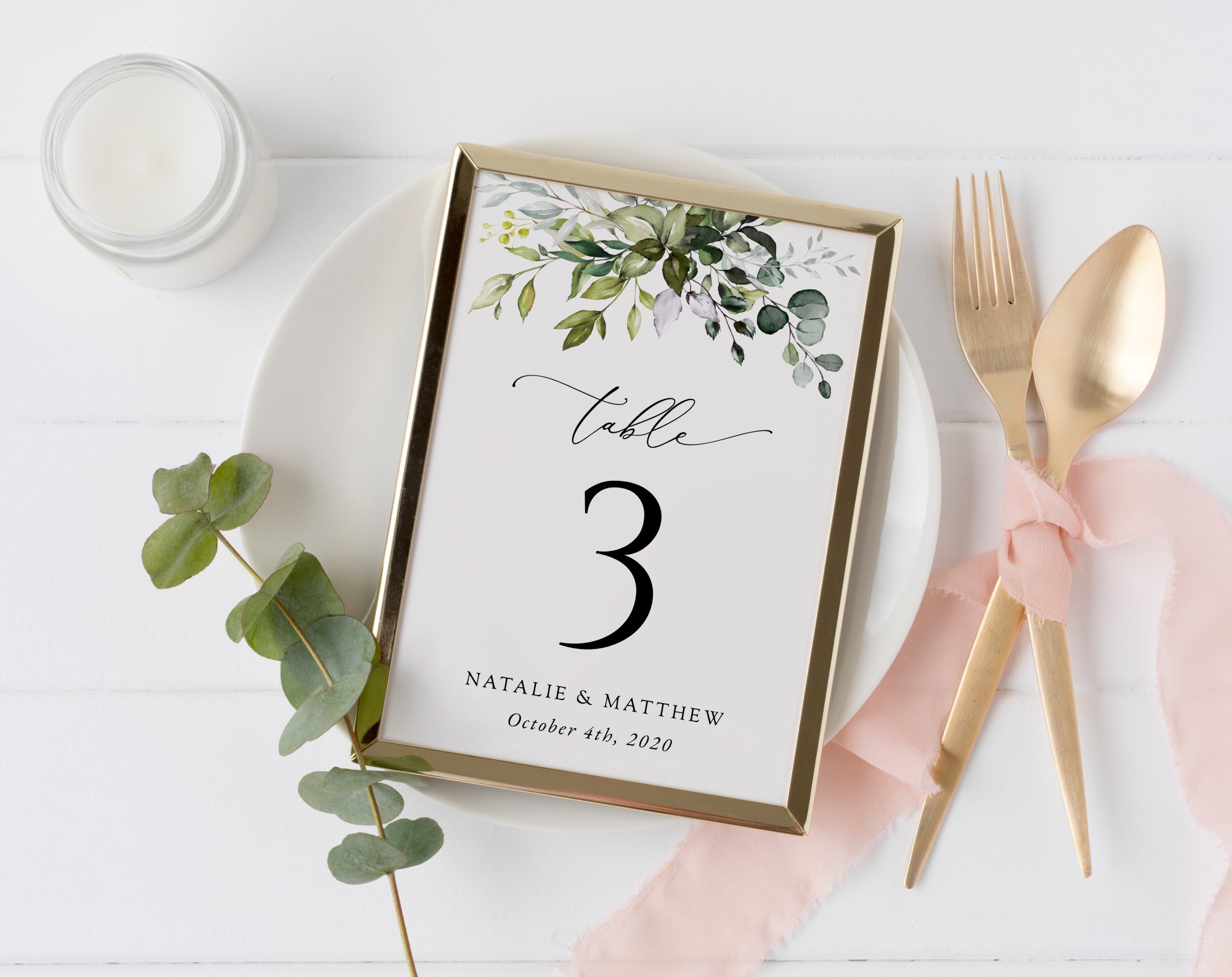 Eucalyptus Leaves Table Number Sign, Wedding Sign, Printable File, Edit Yourself, SH45