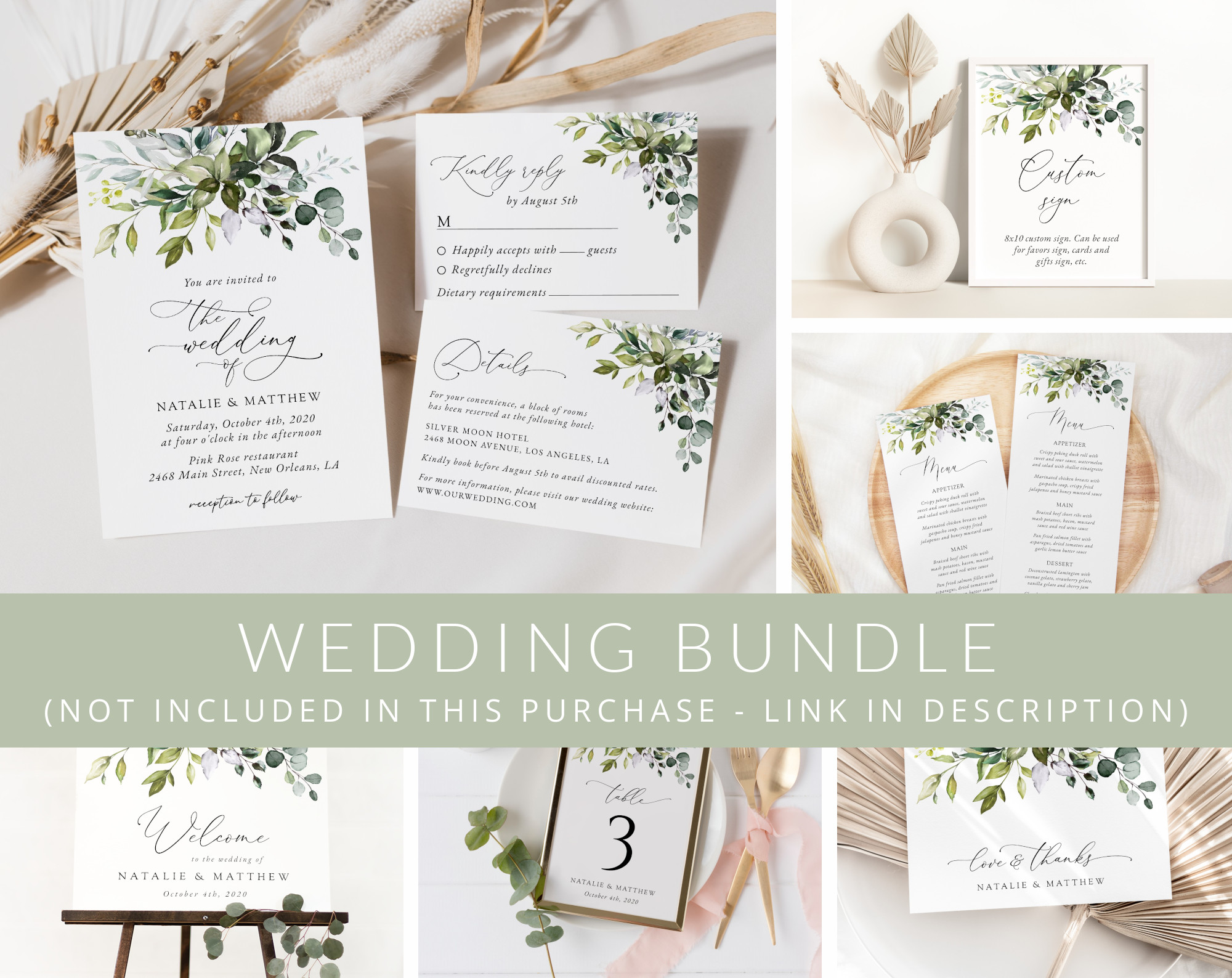 Eucalyptus Leaves Wedding Bundle, Printable File, Edit Yourself, SH45