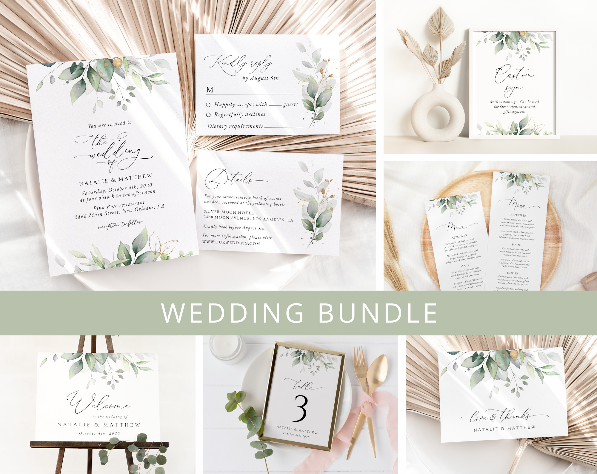 Greenery and Gold Wedding Bundle, Printable File, Edit Yourself, SH46