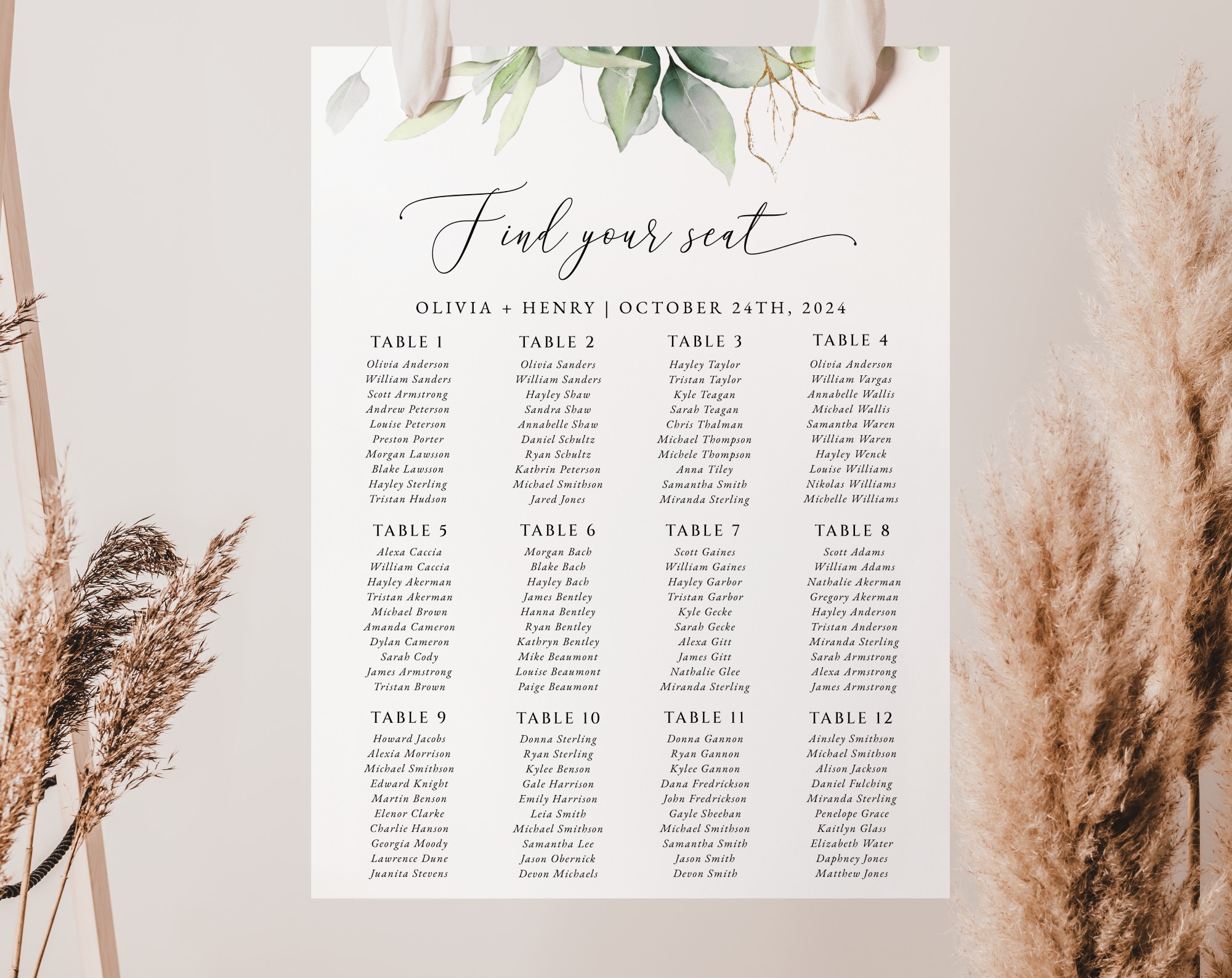 Greenery and Gold Seating Chart, Wedding Sign, Printable File, Edit Yourself, SH46