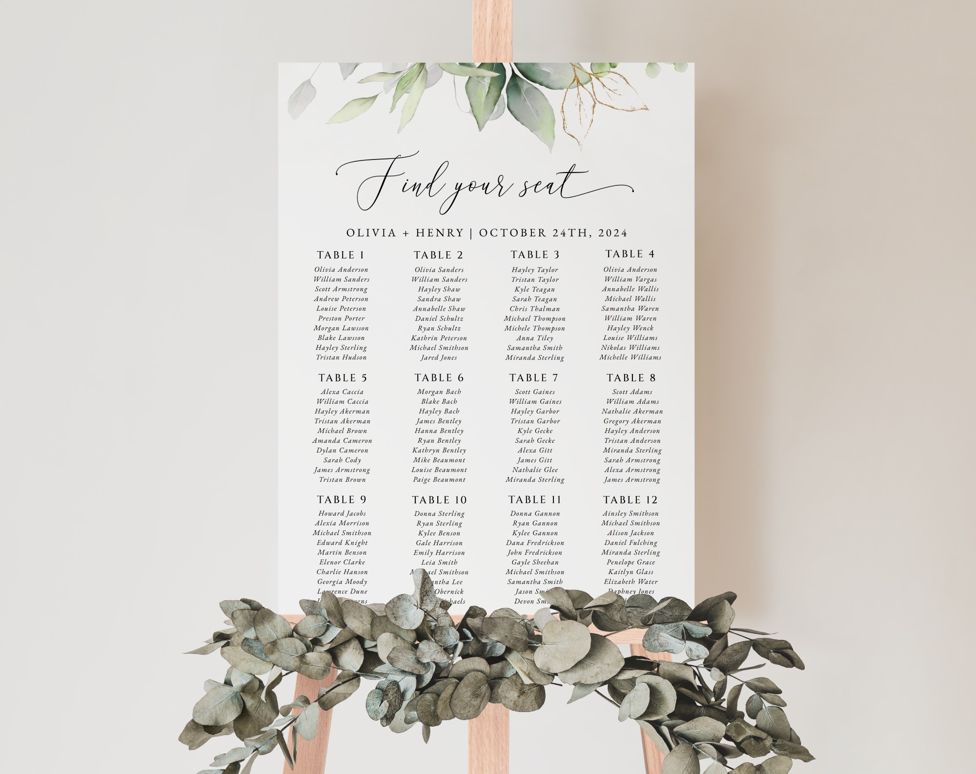 Greenery and Gold Seating Chart, Wedding Sign, Printable File, Edit Yourself, SH46