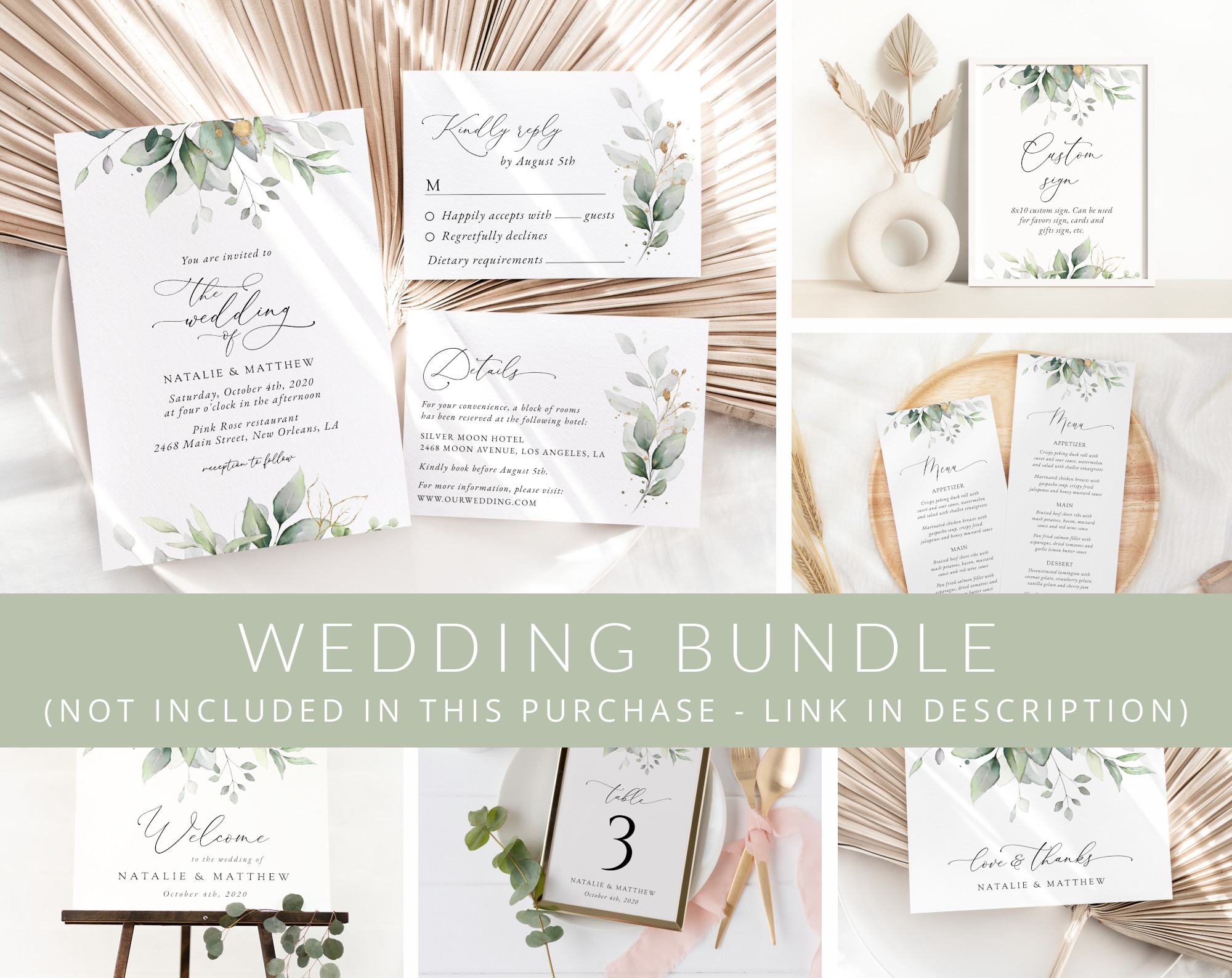 Greenery and Gold Wedding Bundle, Printable File, Edit Yourself, SH46