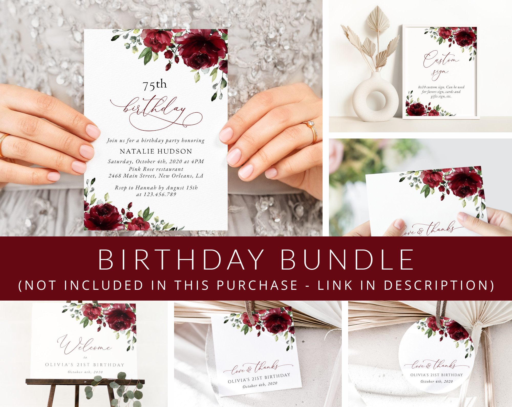 Burgundy Flowers Birthday Mini Bundle, Girl Birthday, Any Birthday, Printable File, Edit Yourself, SH83