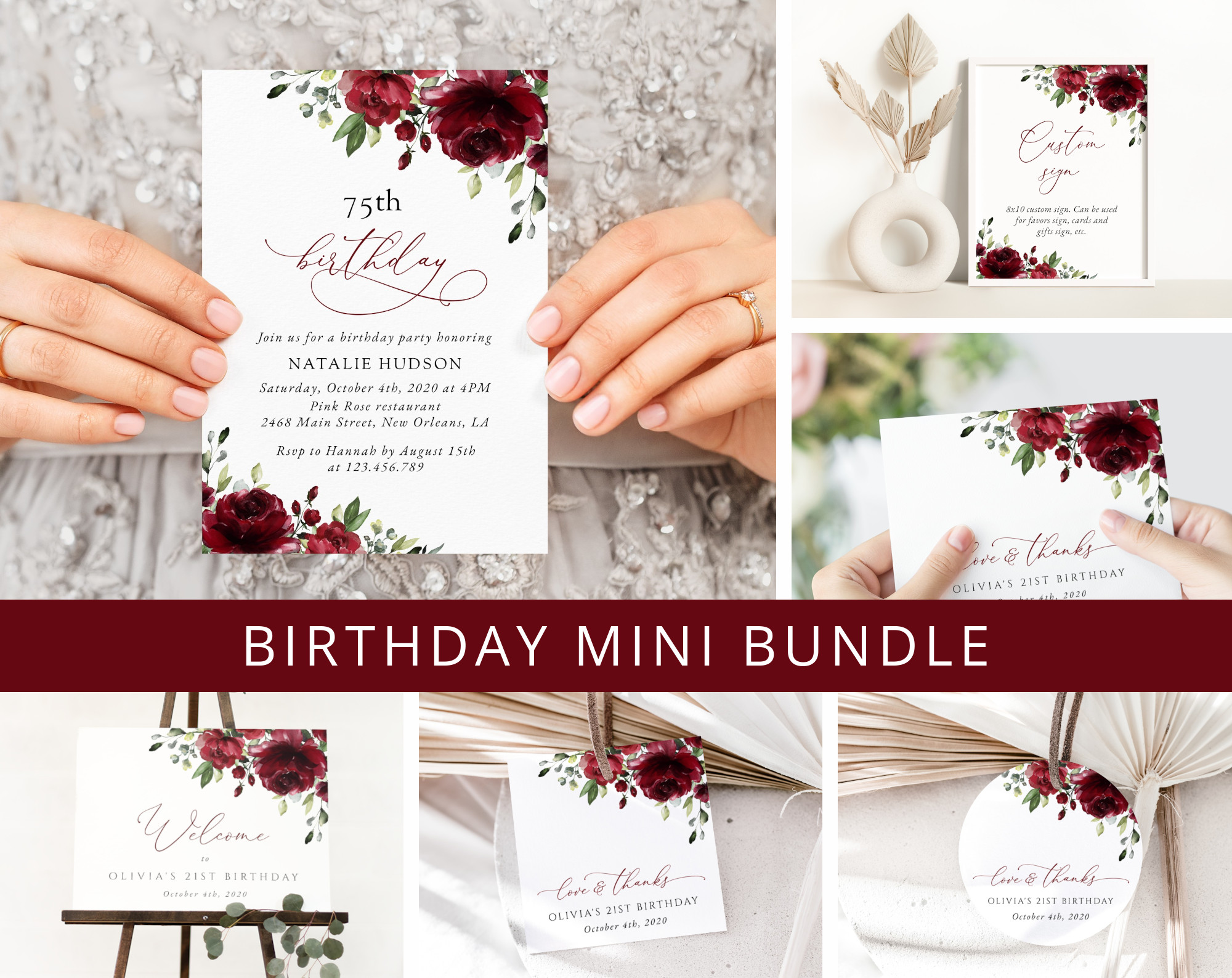 Burgundy Flowers Birthday Mini Bundle, Girl Birthday, Any Birthday, Printable File, Edit Yourself, SH83