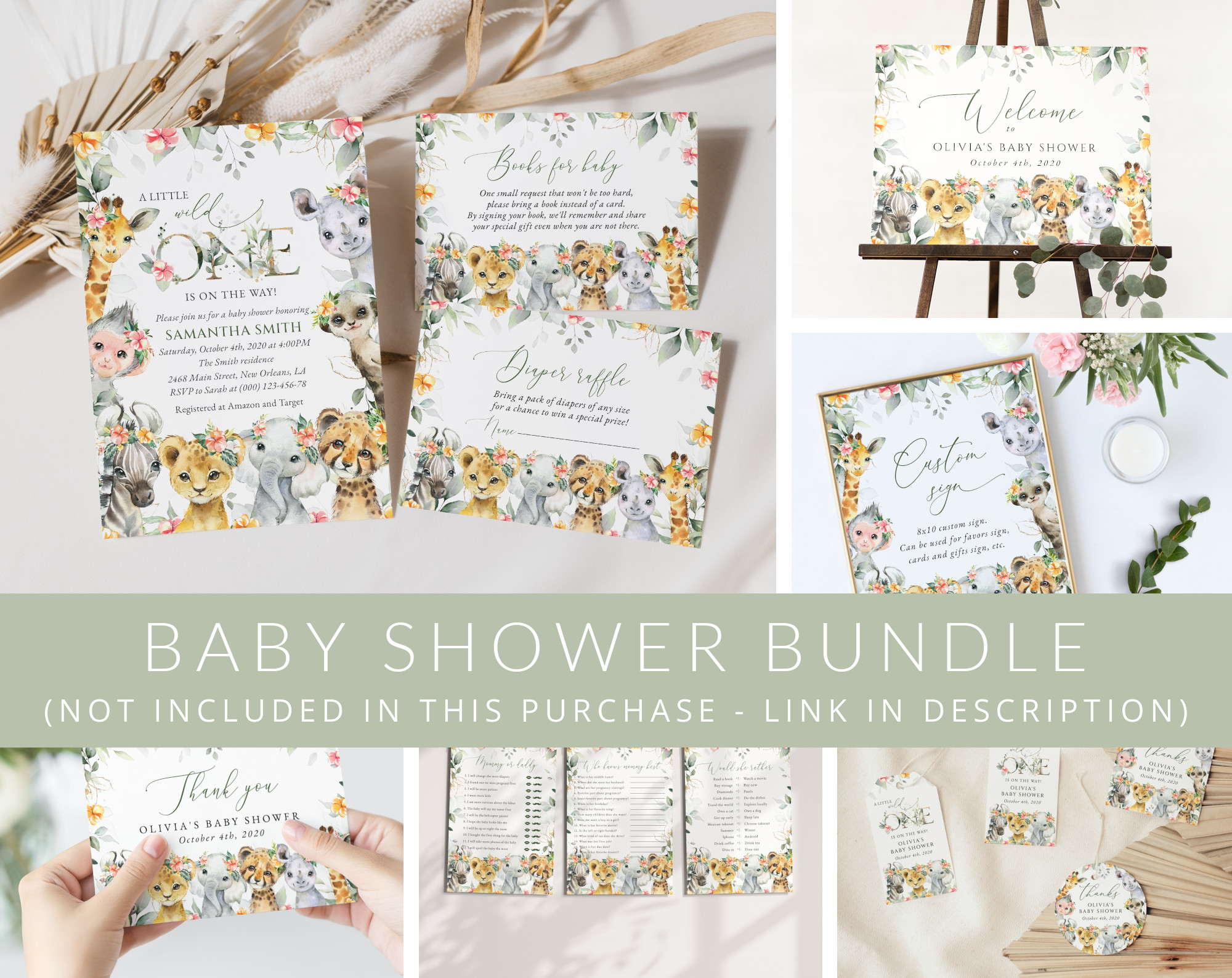Wild Animals and Hibiscus Baby Shower Mini Bundle, Girl Baby Shower, Printable File, Edit Yourself, SH84 Wild Animals and Hibiscus Baby Shower Mini Bundle, Girl Baby Shower, Printable File, Edit Yourself, SH84