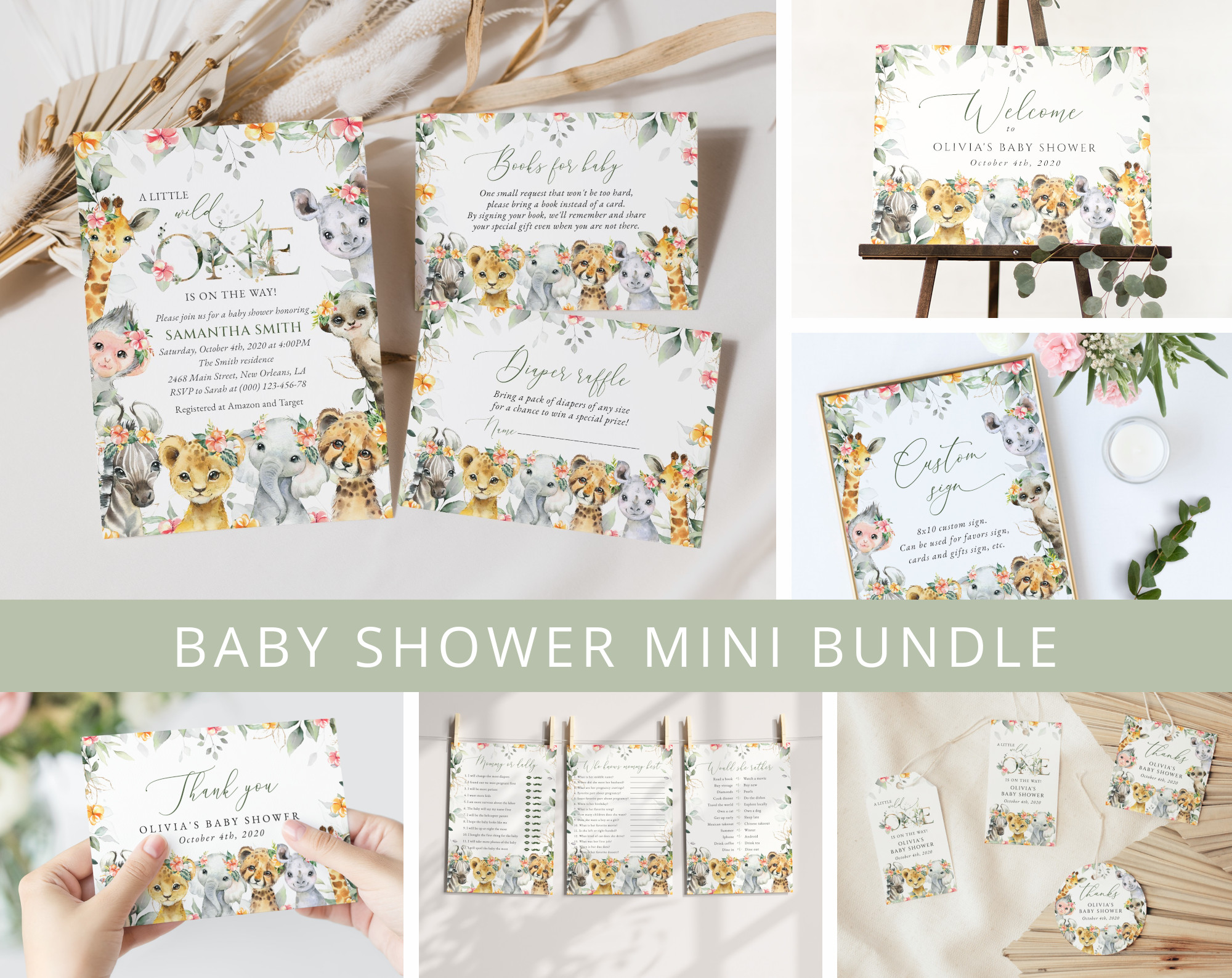 Wild Animals and Hibiscus Baby Shower Mini Bundle, Girl Baby Shower, Printable File, Edit Yourself, SH84