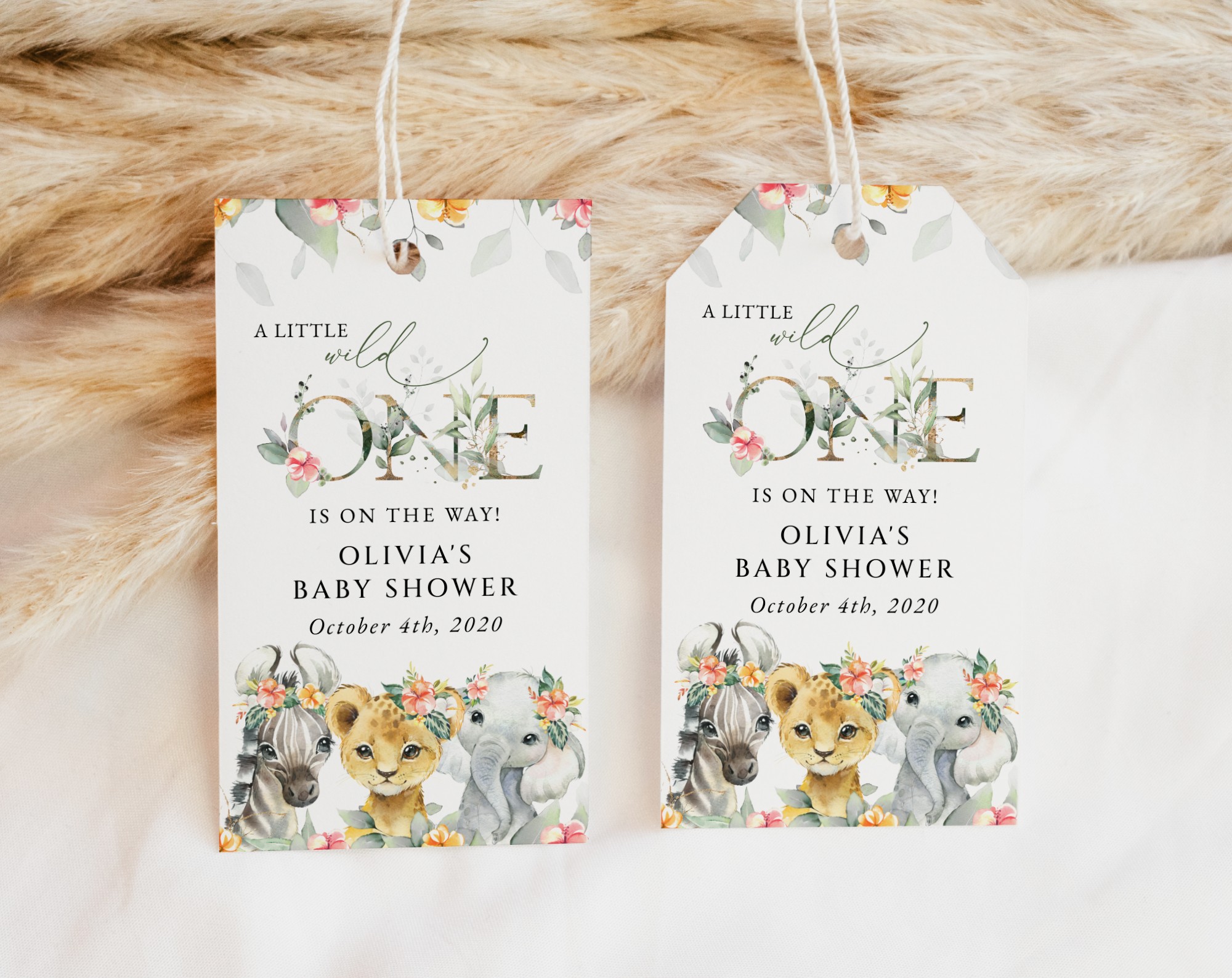Wild Animals and Hibiscus Favor Tags, Gift Tags, Party Tags, Girl Baby Shower, Printable File, Edit Yourself, SH84