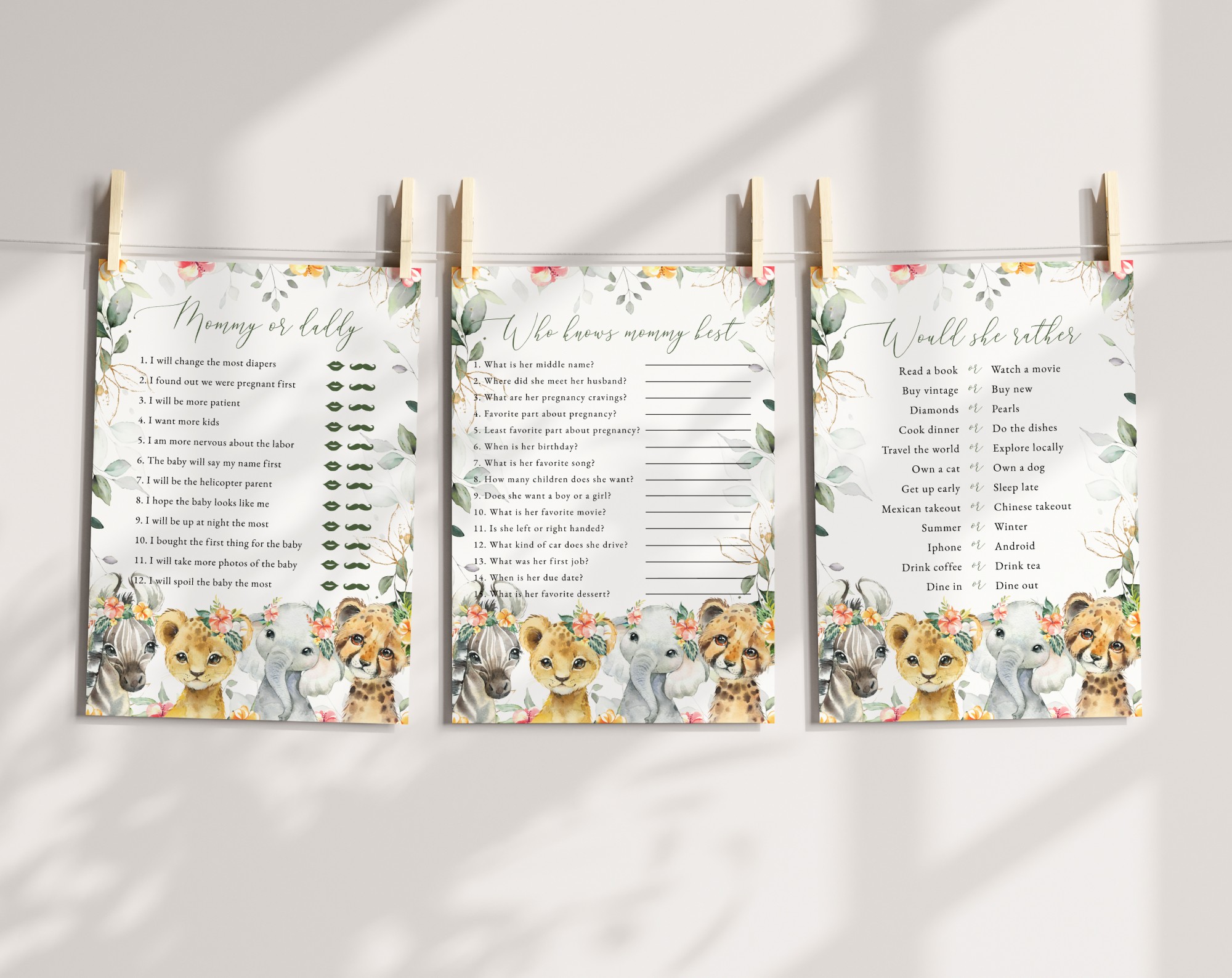 Wild Animals and Hibiscus Baby Shower Games, Set of 3 Games, Girl Baby Shower, Printable File, Edit Yourself, SH84