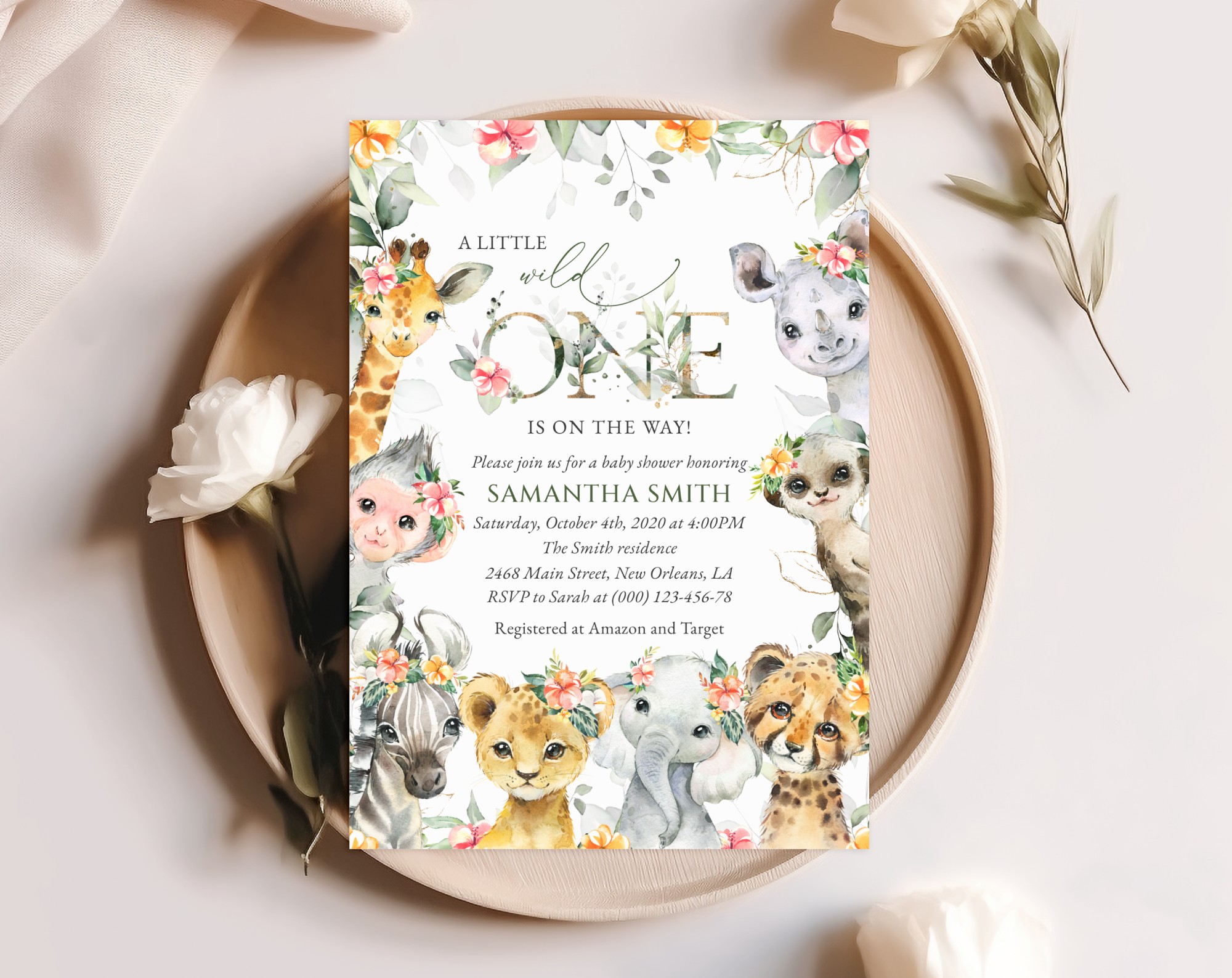 Wild Animals and Hibiscus Baby Shower Invitation, Girl Baby Shower, Printable File, Edit Yourself, SH84