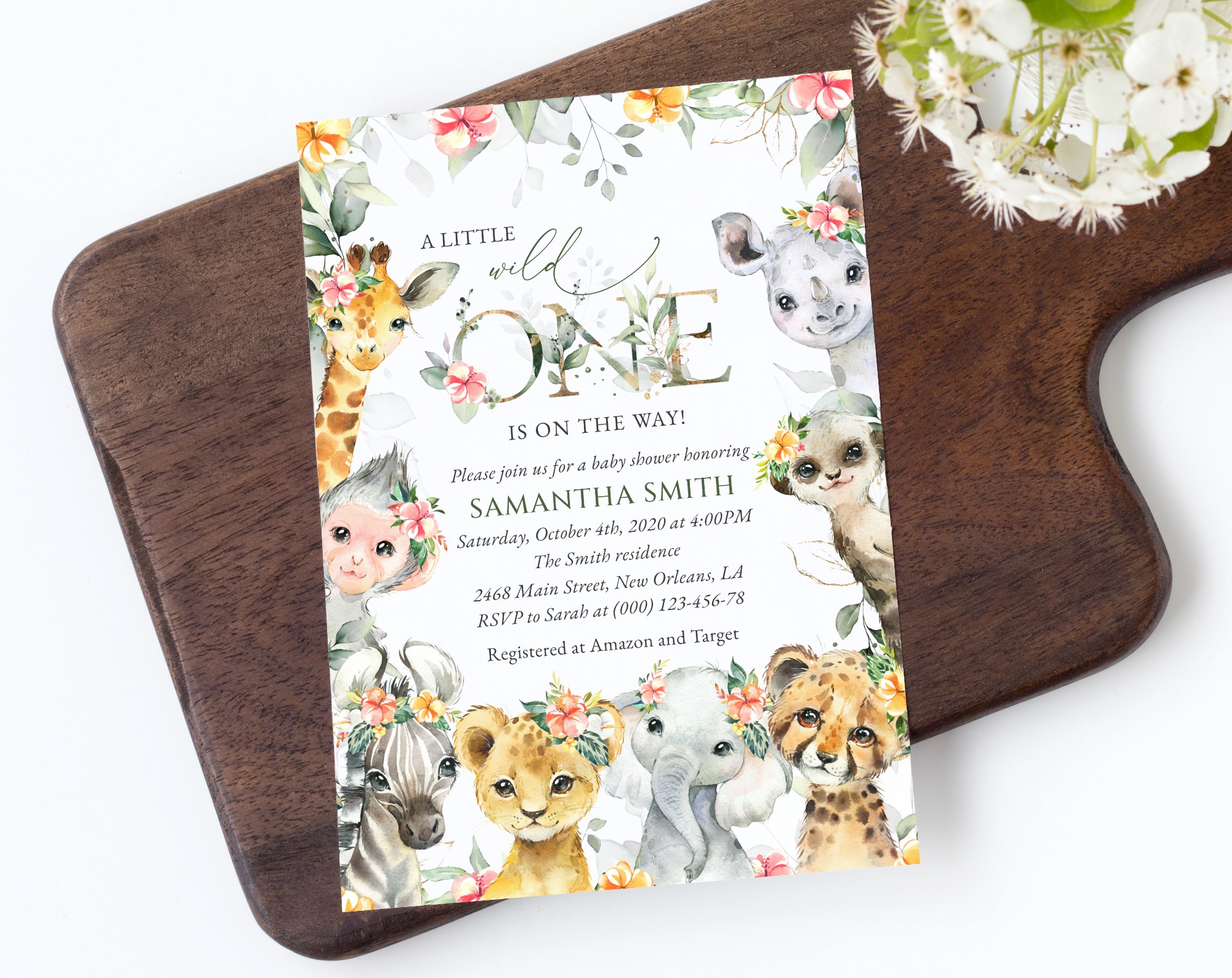 Wild Animals and Hibiscus Baby Shower Invitation, Girl Baby Shower, Printable File, Edit Yourself, SH84