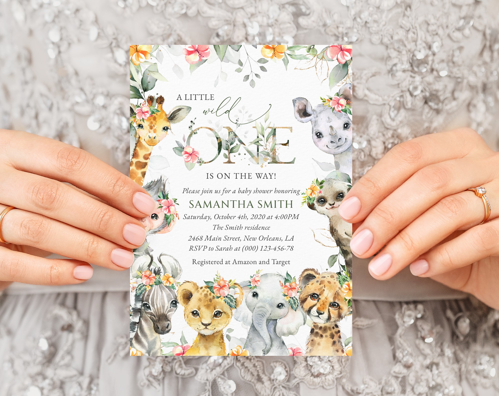 Wild Animals and Hibiscus Baby Shower Invitation, Girl Baby Shower, Printable File, Edit Yourself, SH84