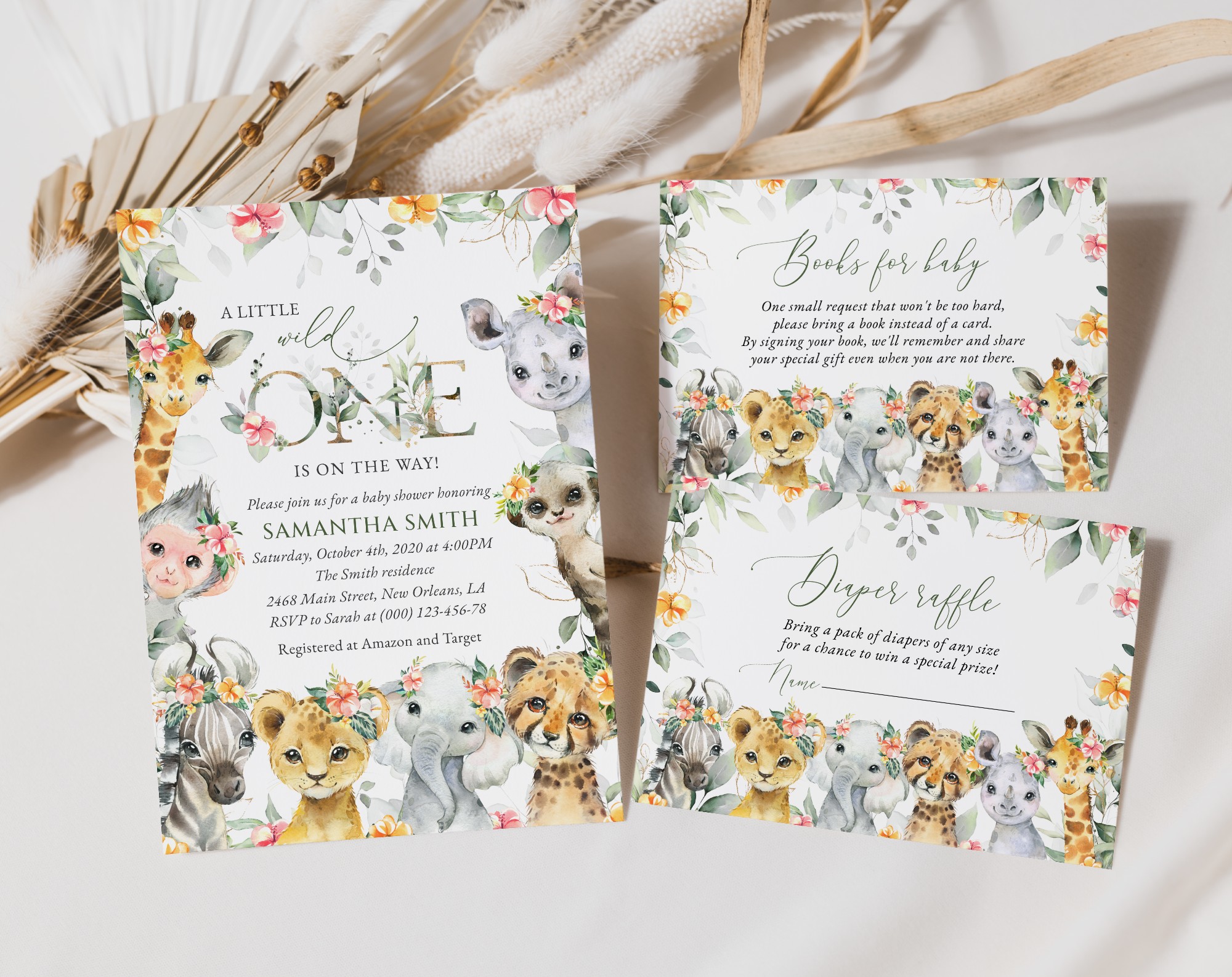 Wild Animals and Hibiscus Baby Shower Invitation Suite, Girl Baby Shower, Printable File, Edit Yourself, SH84