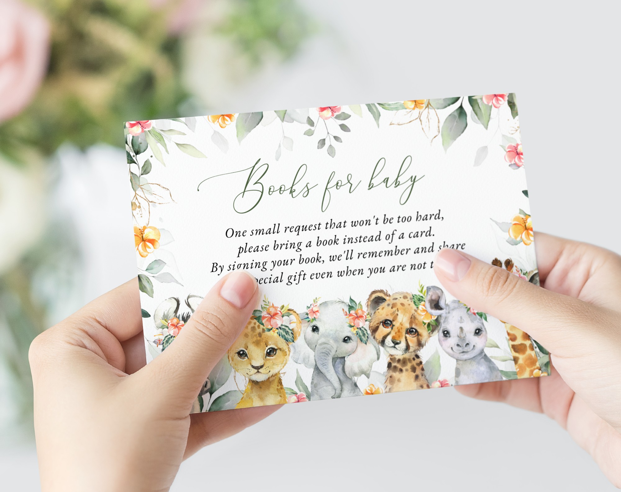 Wild Animals and Hibiscus Baby Shower Invitation Suite, Girl Baby Shower, Printable File, Edit Yourself, SH84