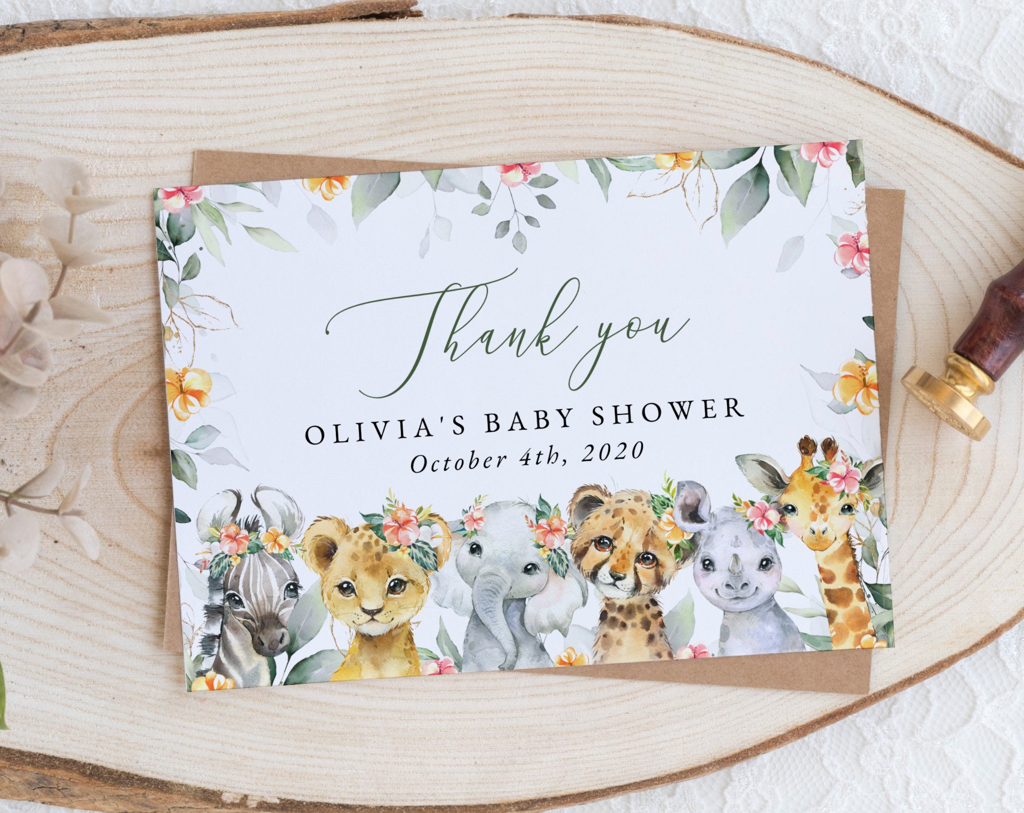 Wild Animals and Hibiscus Thank You Card, Girl Baby Shower, Printable File, Edit Yourself, SH84 Wild Animals and Hibiscus Thank You Card, Girl Baby Shower, Printable File, Edit Yourself, SH84