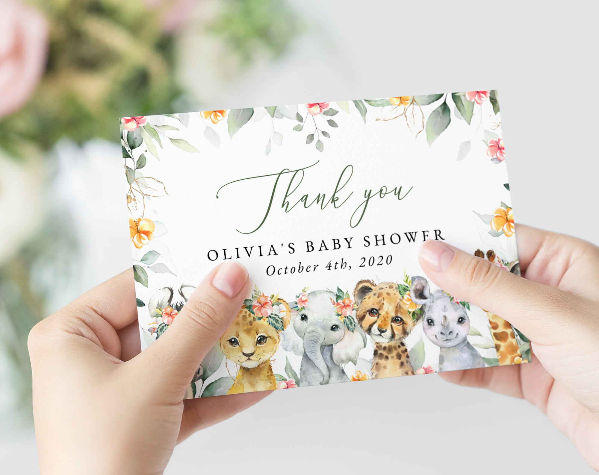 Wild Animals and Hibiscus Thank You Card, Girl Baby Shower, Printable File, Edit Yourself, SH84
