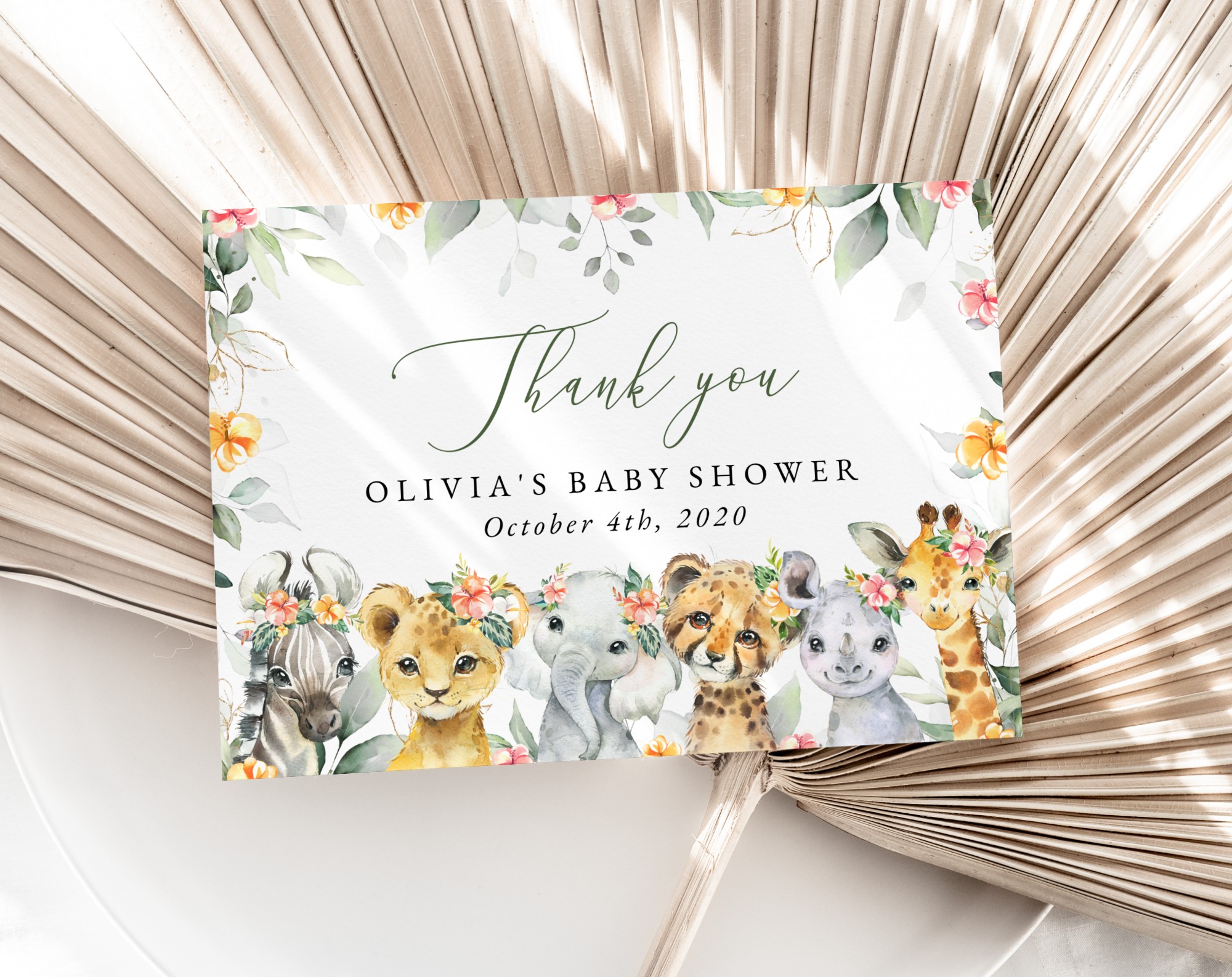 Wild Animals and Hibiscus Thank You Card, Girl Baby Shower, Printable File, Edit Yourself, SH84 Wild Animals and Hibiscus Thank You Card, Girl Baby Shower, Printable File, Edit Yourself, SH84