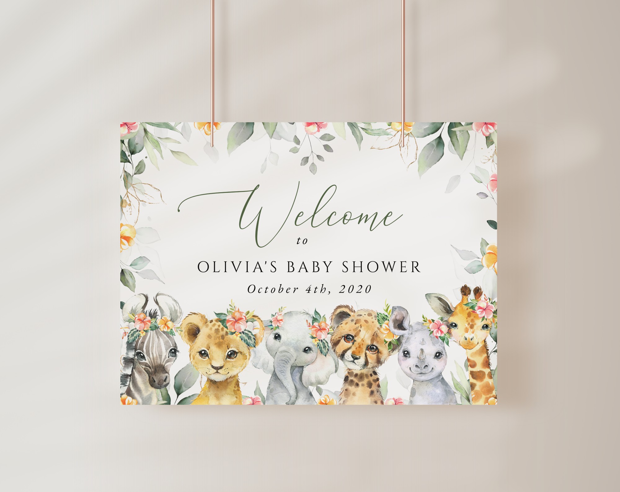 Wild Animals and Hibiscus Welcome Sign, Baby Shower Sign, Girl Baby Shower, Printable File, Edit Yourself, SH84 Wild Animals and Hibiscus Welcome Sign, Baby Shower Sign, Girl Baby Shower, Printable File, Edit Yourself, SH84