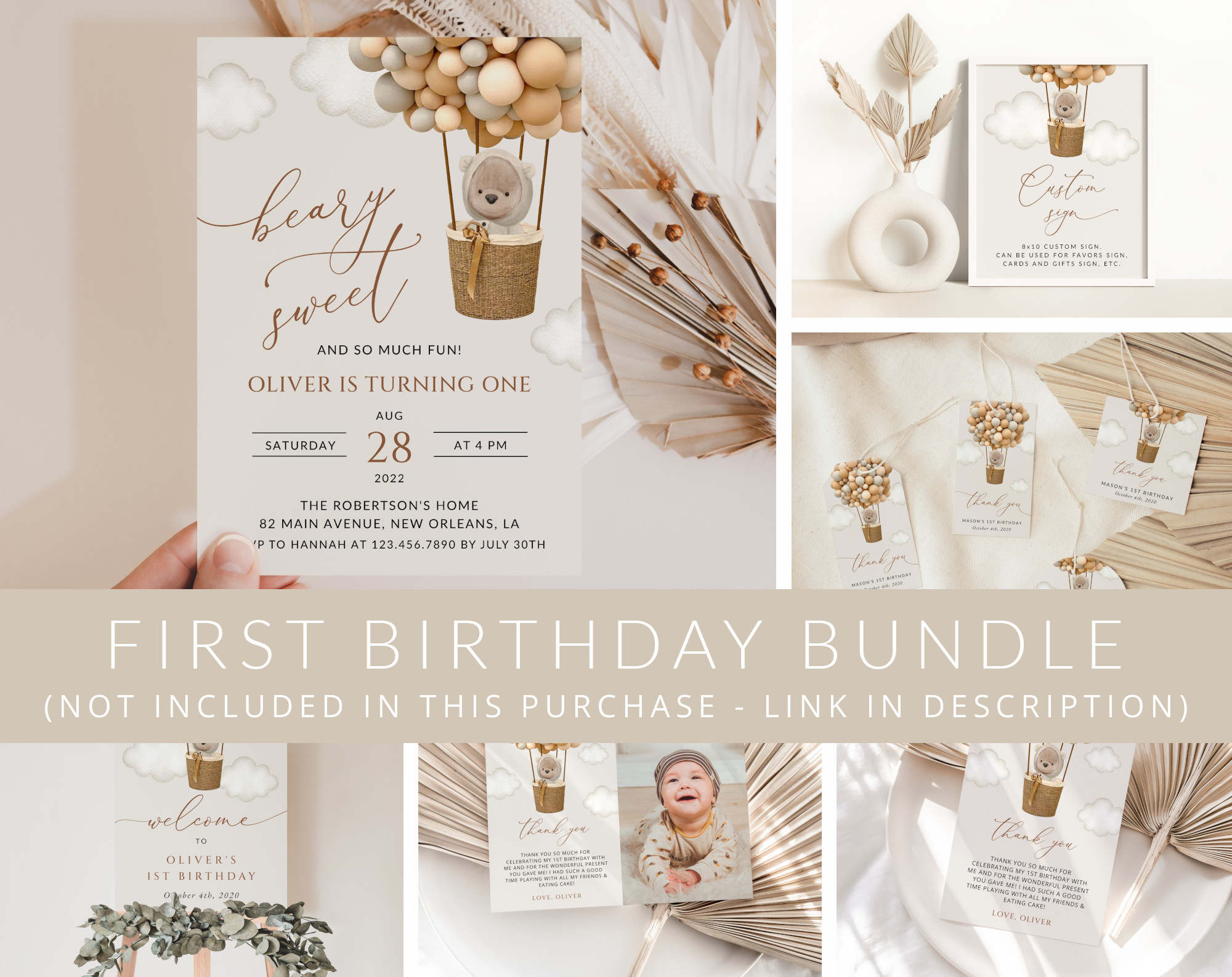Bear and Beige Balloons First Birthday Mini Bundle, Boy Birthday, Printable File, Edit Yourself, SH85