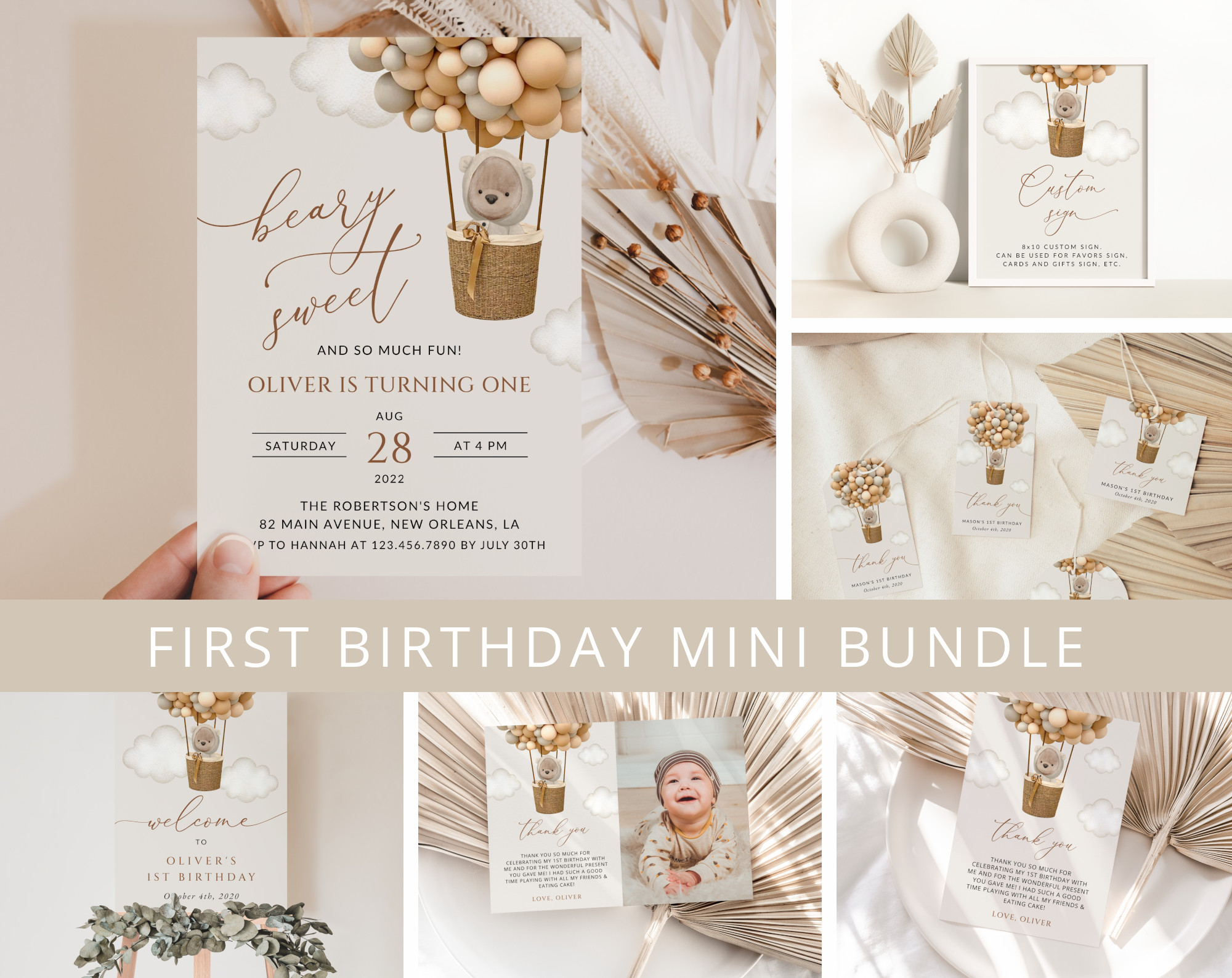 Bear and Beige Balloons First Birthday Mini Bundle, Boy Birthday, Printable File, Edit Yourself, SH85