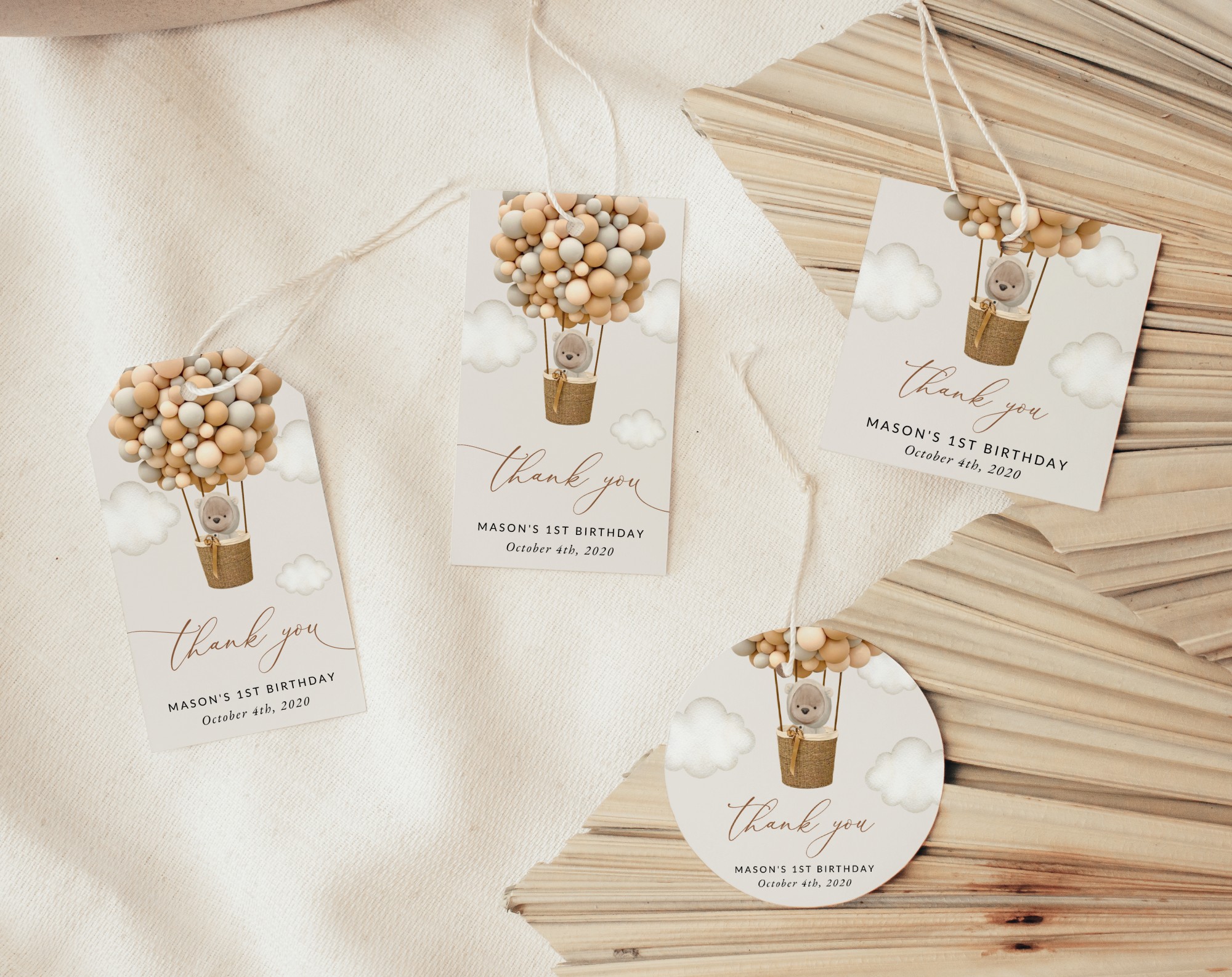 Bear and Beige Balloons Favor Tags, Gift Tags, First Birthday, Boy Birthday, Printable File, Edit Yourself, SH85