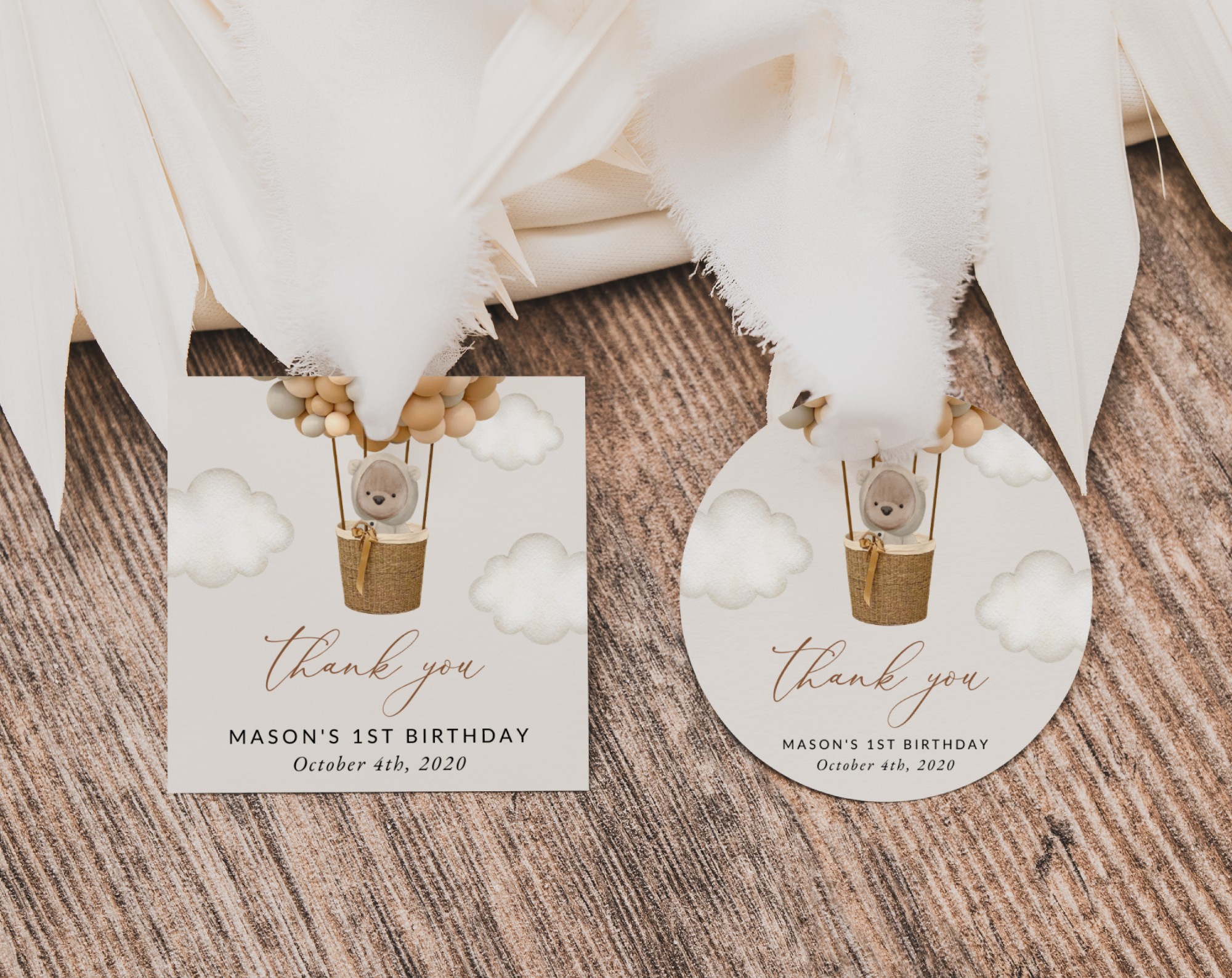 Bear and Beige Balloons Favor Tags, Gift Tags, First Birthday, Boy Birthday, Printable File, Edit Yourself, SH85