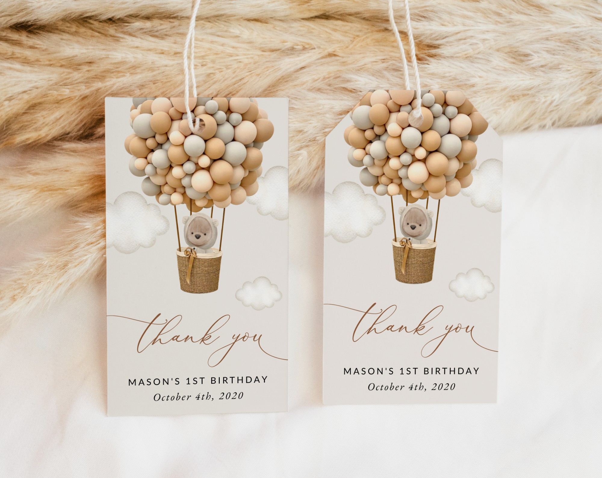 Bear and Beige Balloons Favor Tags, Gift Tags, First Birthday, Boy Birthday, Printable File, Edit Yourself, SH85