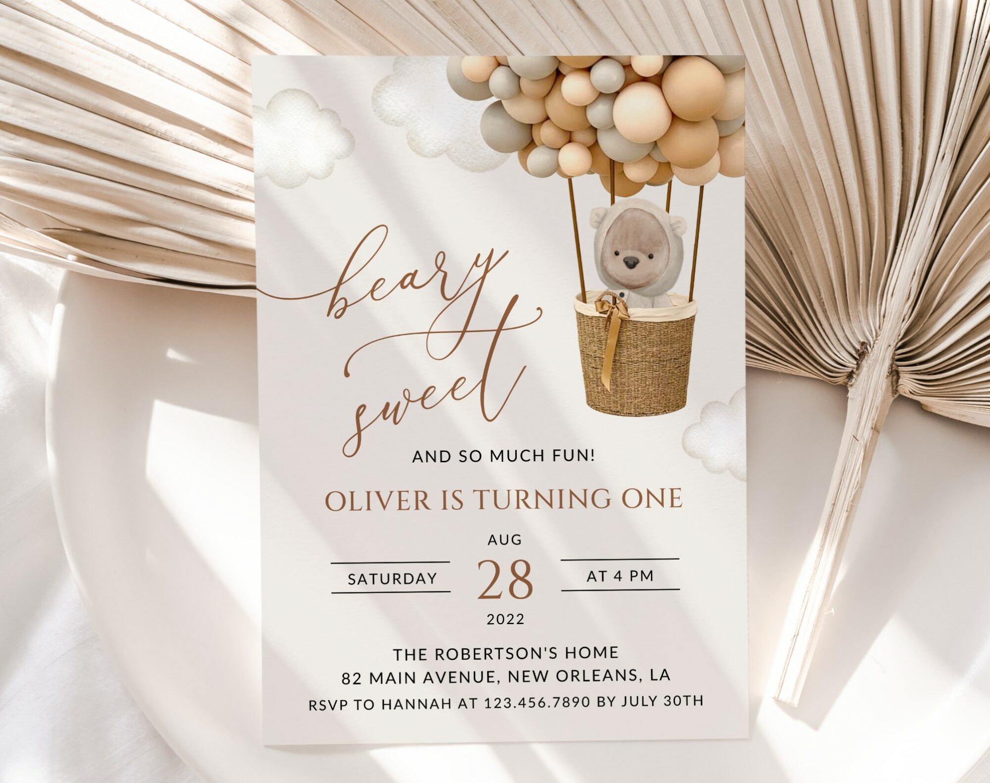 Bear and Beige Balloons First Birthday Invitation, Birthday Stationery, Boy Birthday, Printable File, Edit Yourself, SH85