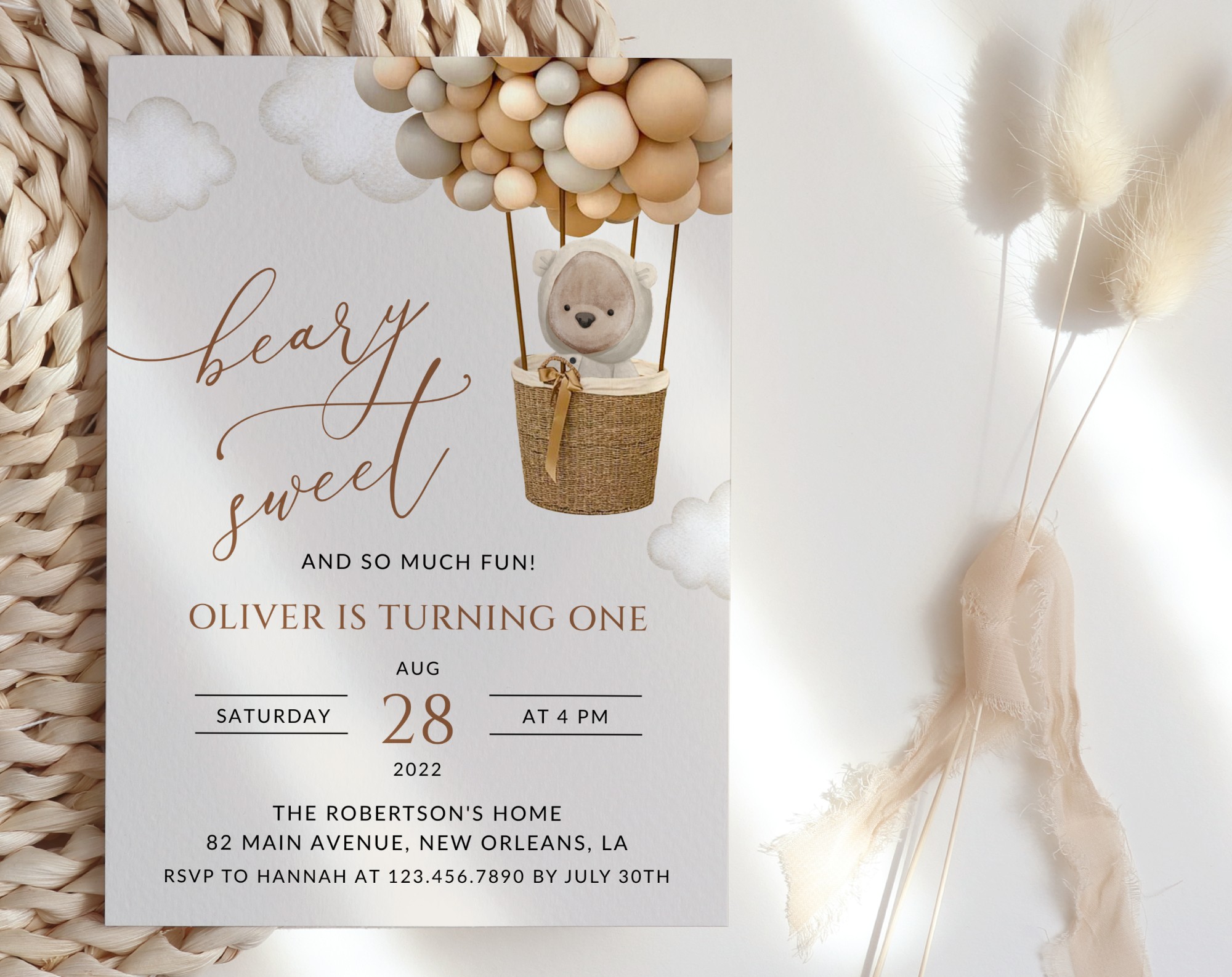 Bear and Beige Balloons First Birthday Invitation, Birthday Stationery, Boy Birthday, Printable File, Edit Yourself, SH85