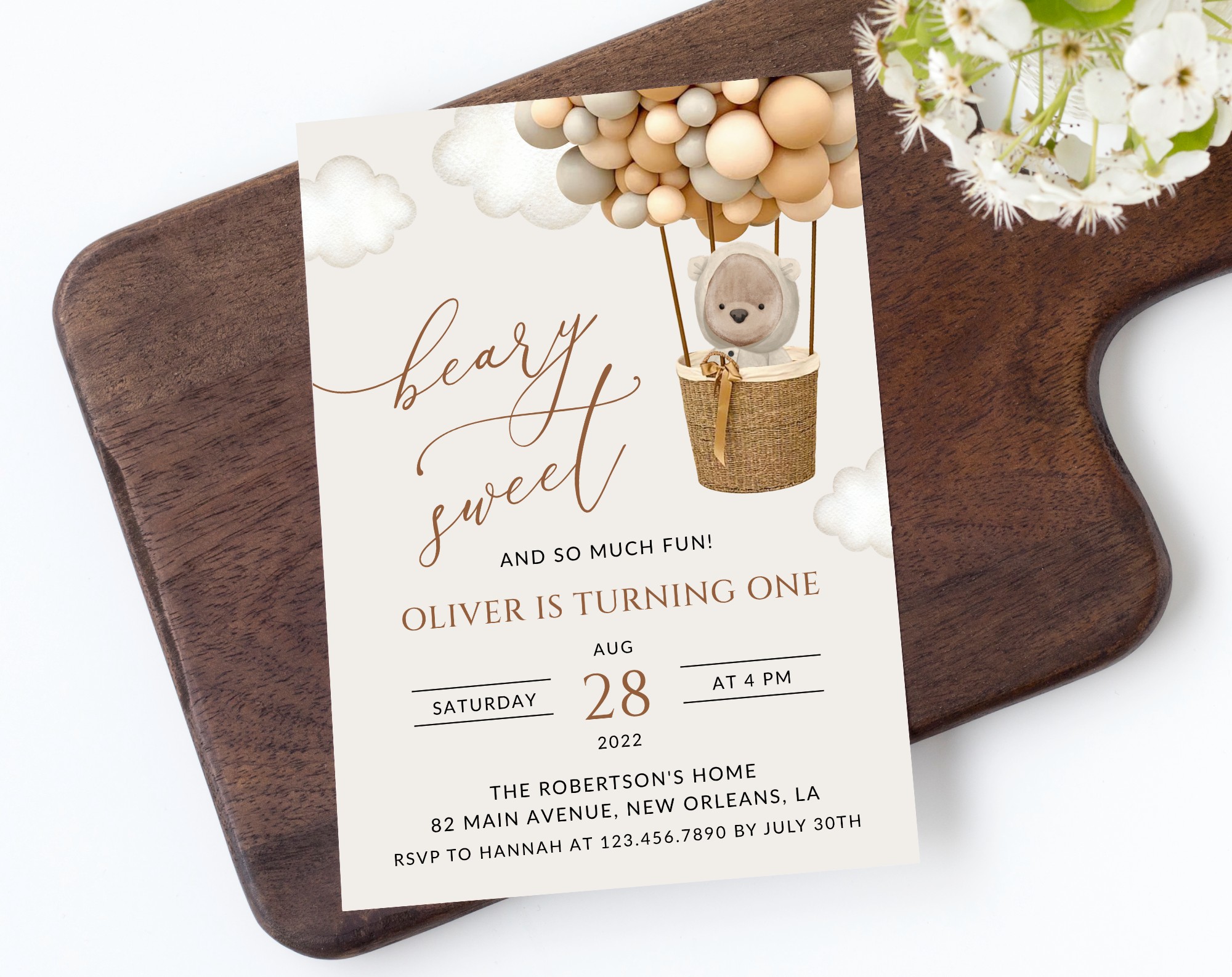 Bear and Beige Balloons First Birthday Invitation, Birthday Stationery, Boy Birthday, Printable File, Edit Yourself, SH85