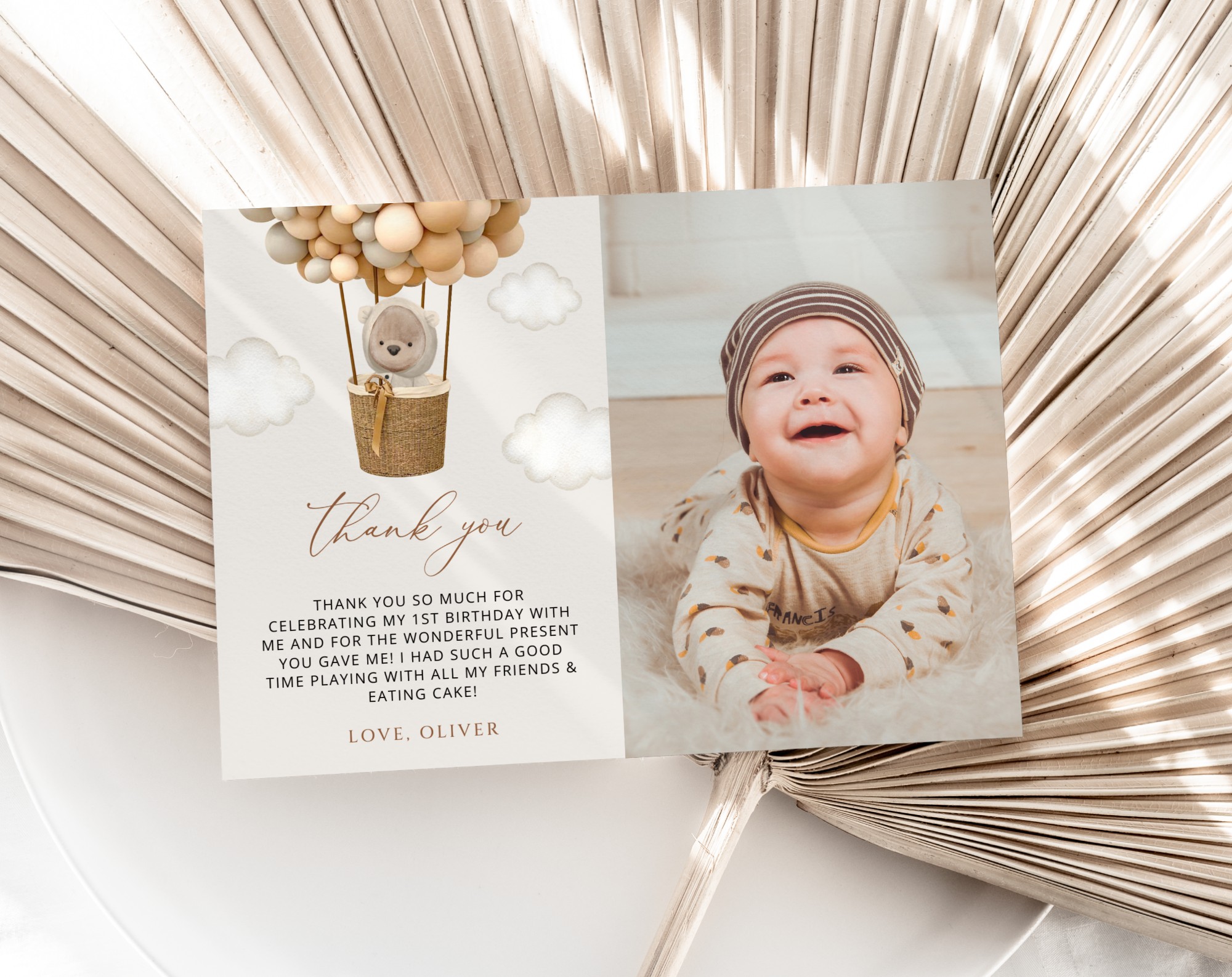 Bear and Beige Balloons Thank You Card, First Birthday, Boy Birthday, Printable File, Edit Yourself, SH85