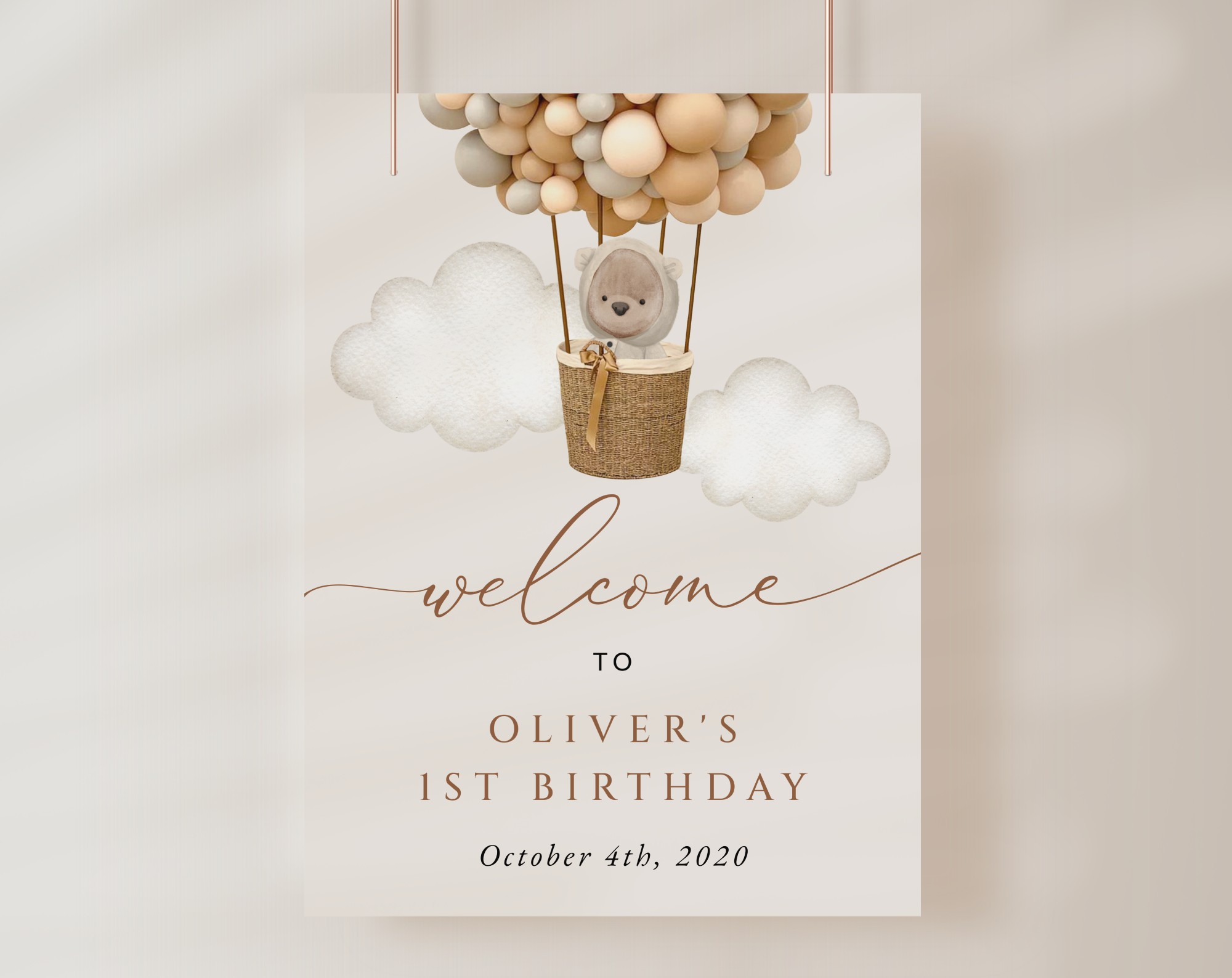 Bear and Beige Balloons Welcome Sign, Birthday Sign, First Birthday, Boy Birthday, Printable File, Edit Yourself, SH85