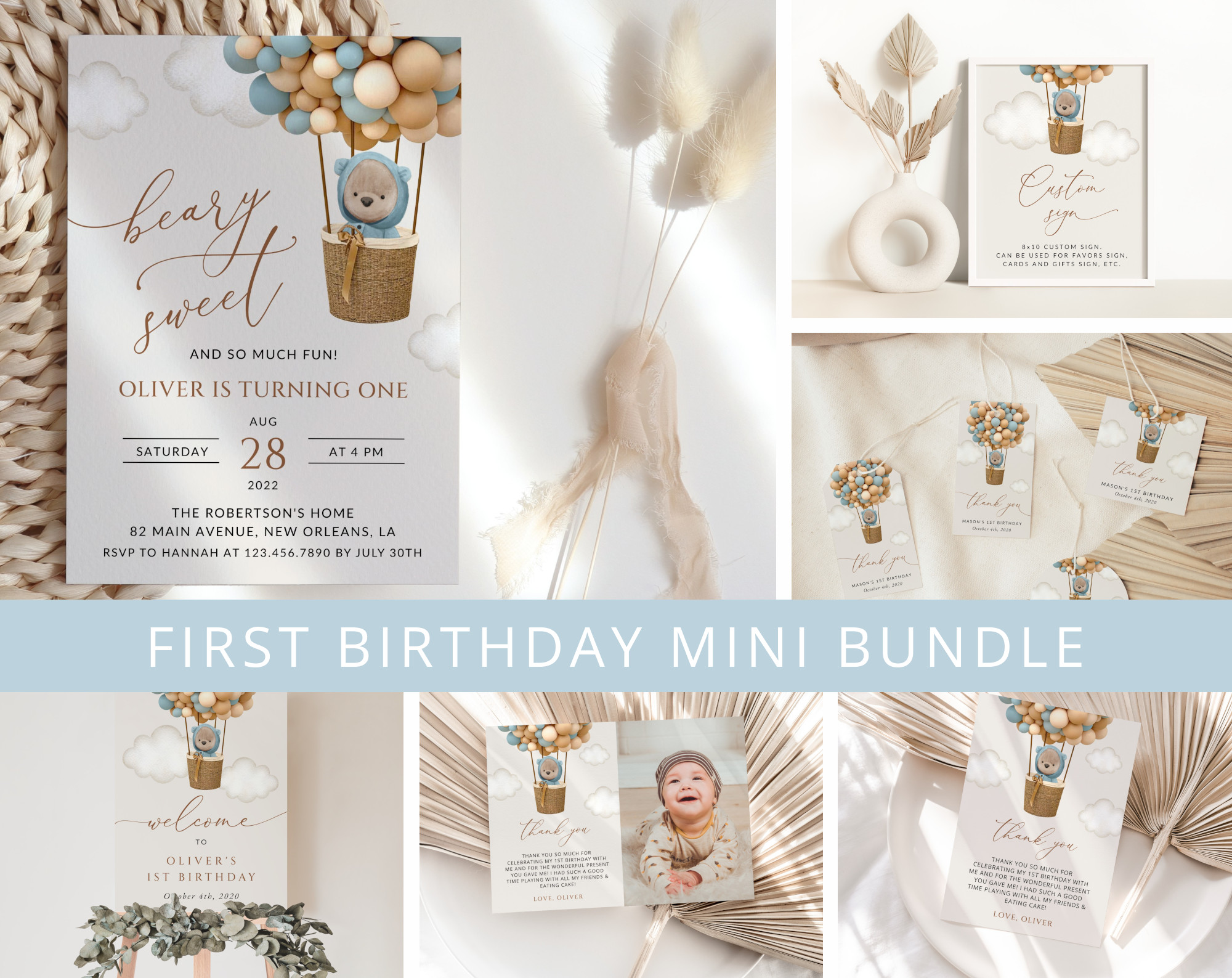Bear and Blue Balloons First Birthday Mini Bundle, Boy Birthday, Printable File, Edit Yourself, SH86