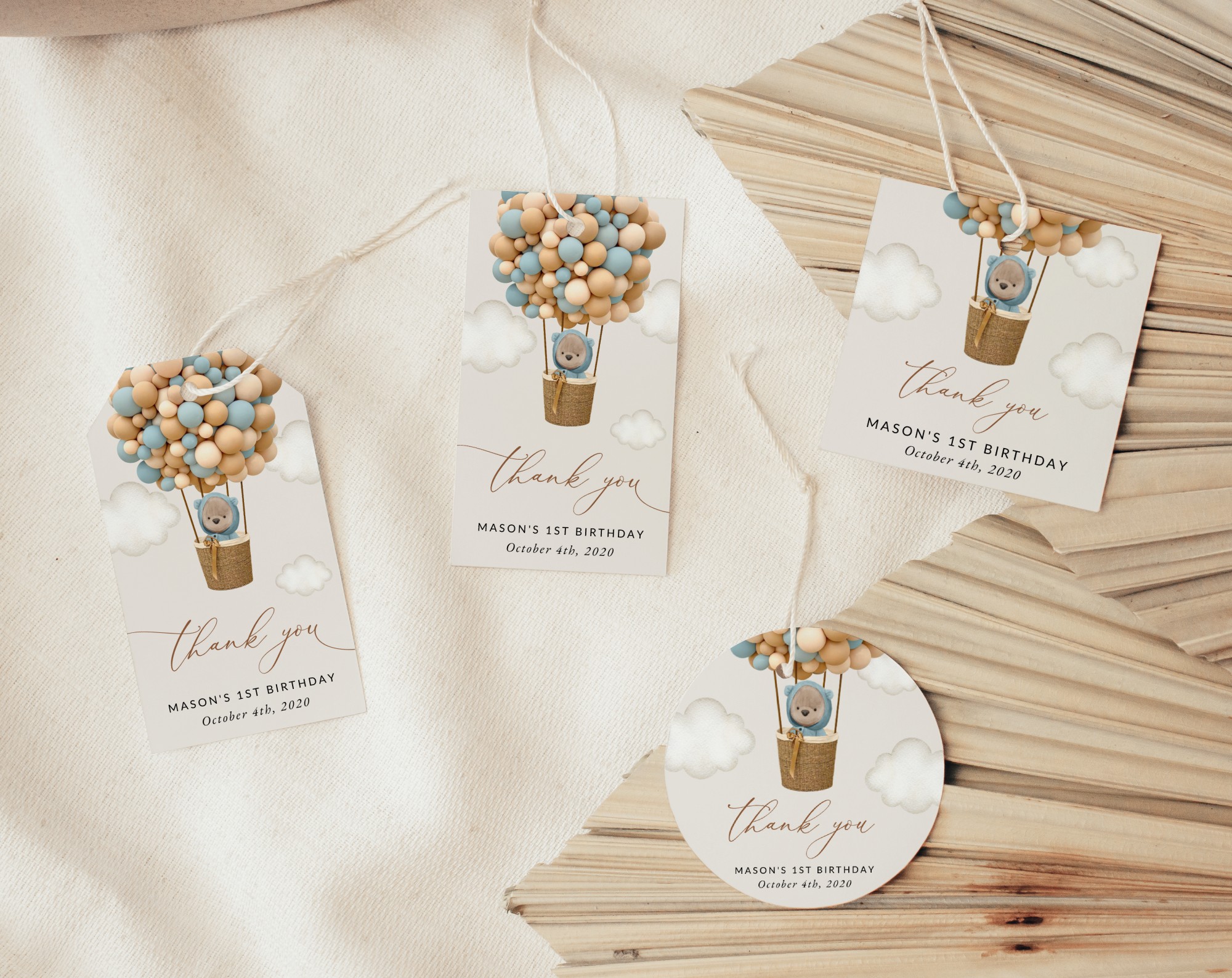 Bear and Blue Balloons Favor Tags, Gift Tags, First Birthday, Boy Birthday, Printable File, Edit Yourself, SH86