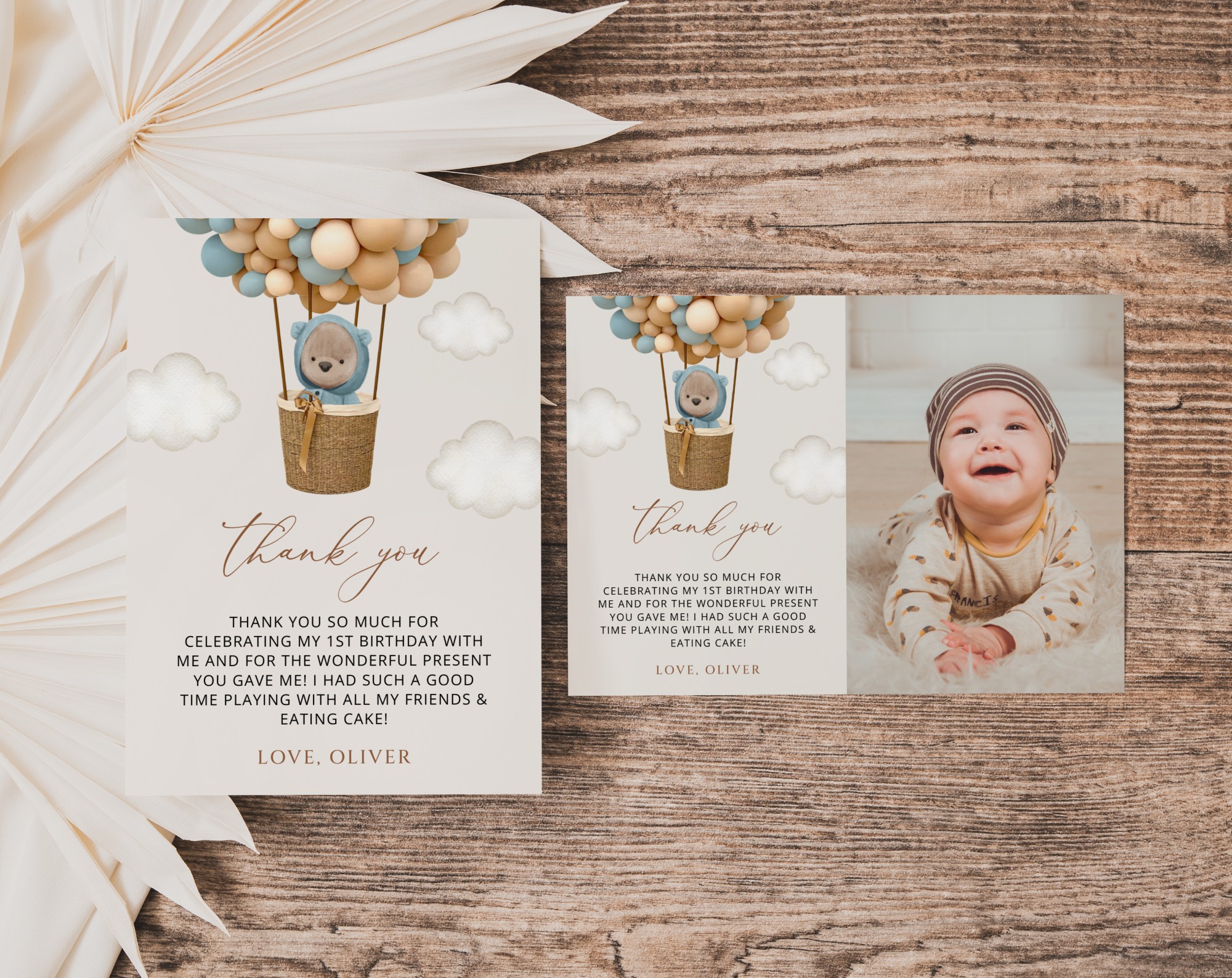 Bear and Blue Balloons Thank You Card, First Birthday, Boy Birthday, Printable File, Edit Yourself, SH86