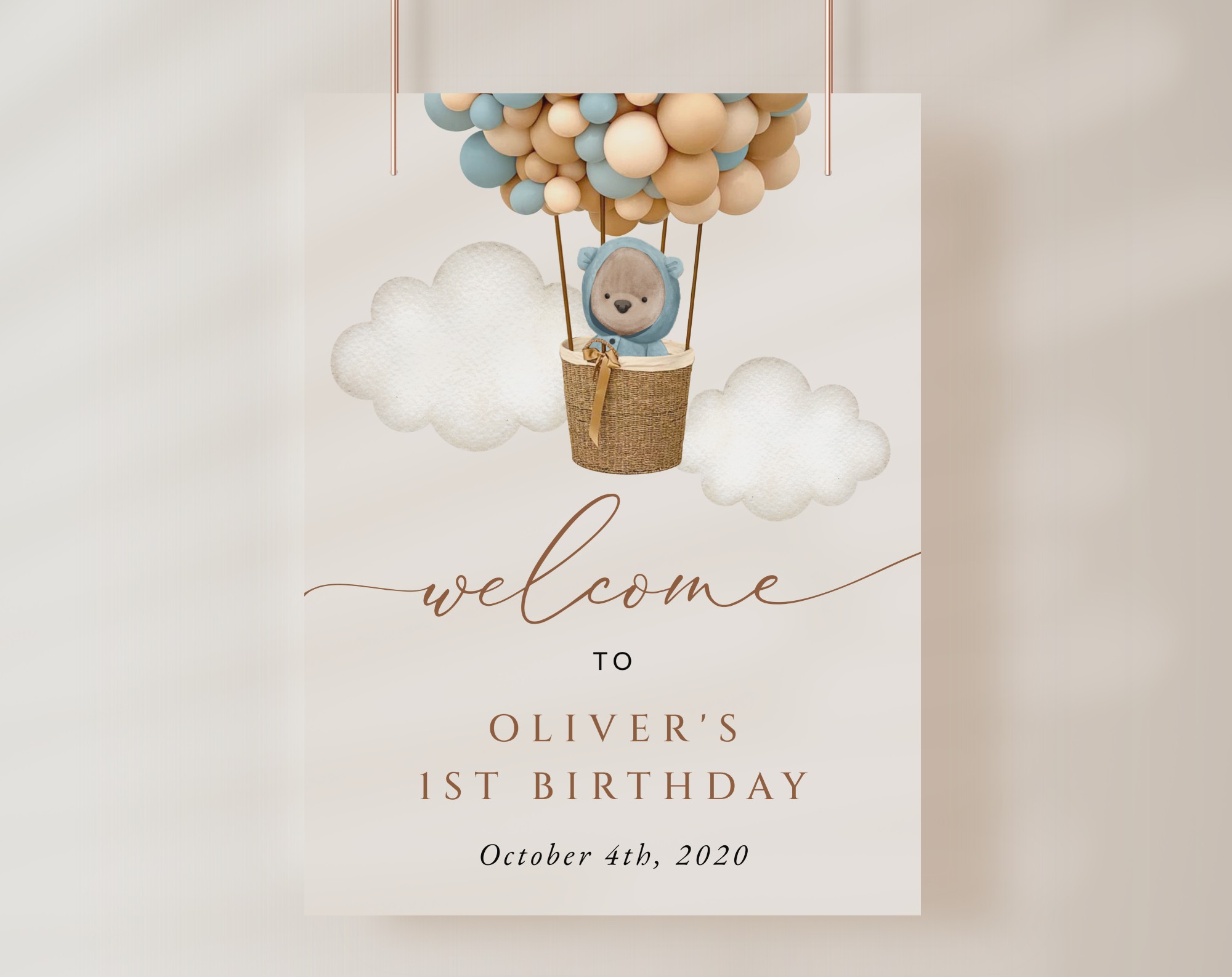 Bear and Blue Balloons Welcome Sign, Birthday Sign, First Birthday, Boy Birthday, Printable File, Edit Yourself, SH86