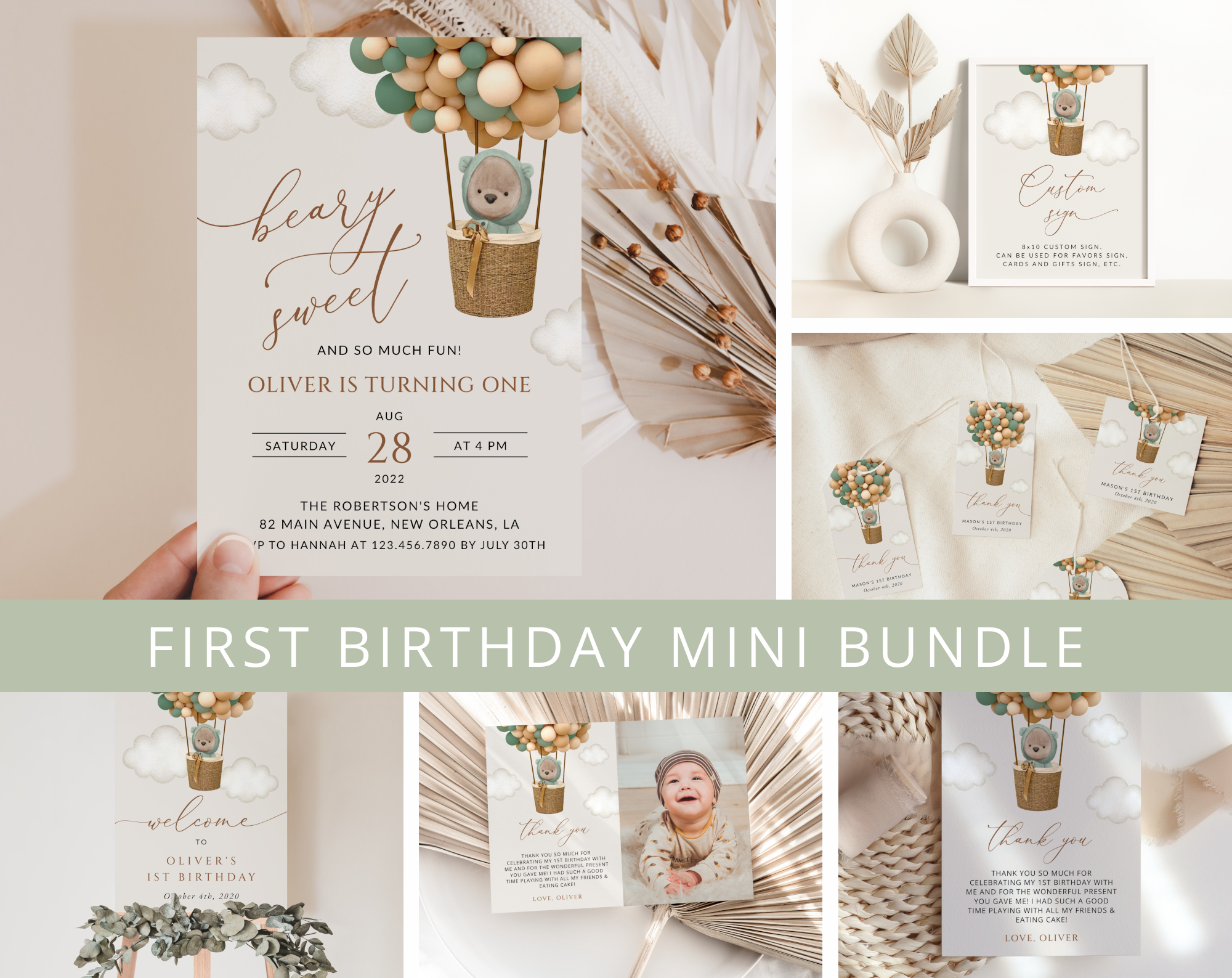 Bear and Green Balloons First Birthday Mini Bundle, Boy Birthday, Printable File, Edit Yourself, SH87