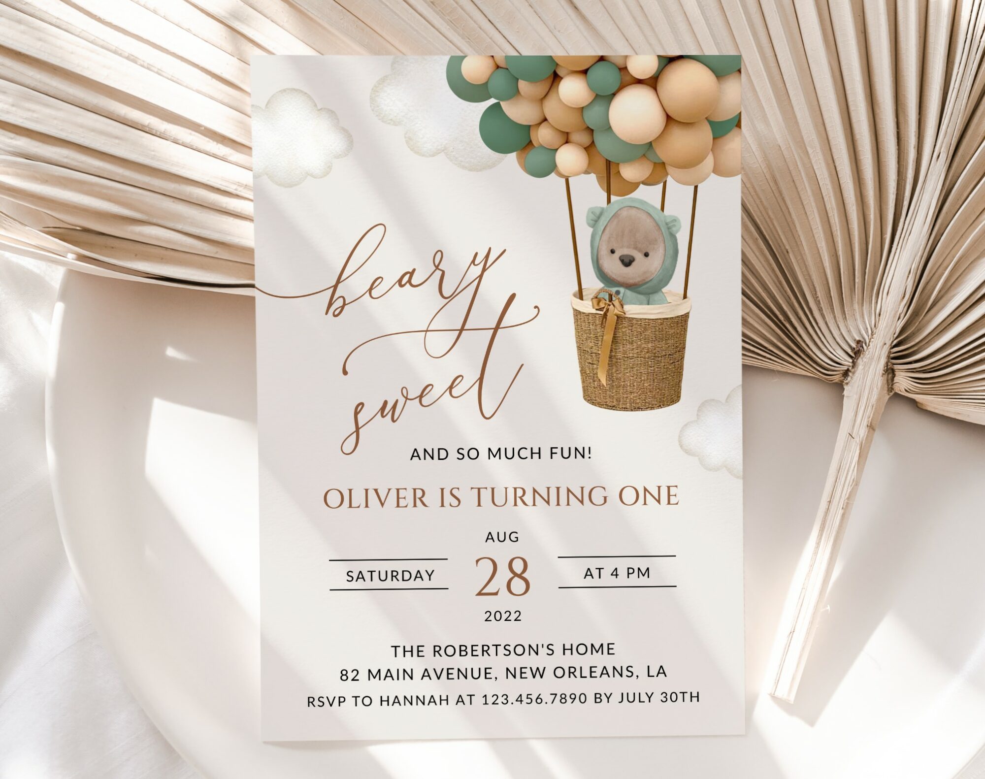 Bear and Green Balloons First Birthday Invitation, Birthday Stationery, Boy Birthday, Printable File, Edit Yourself, SH87