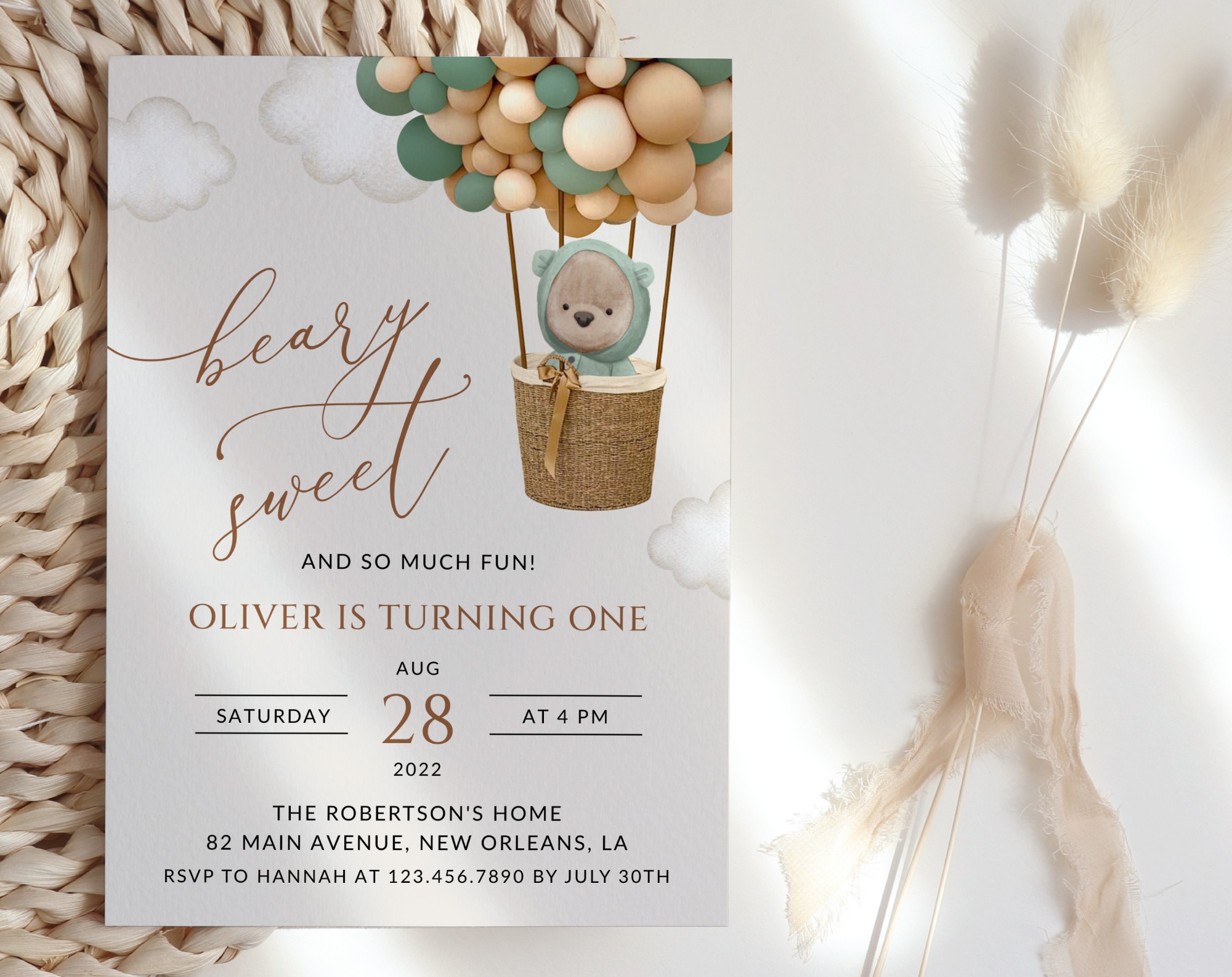 Bear and Green Balloons First Birthday Invitation, Birthday Stationery, Boy Birthday, Printable File, Edit Yourself, SH87