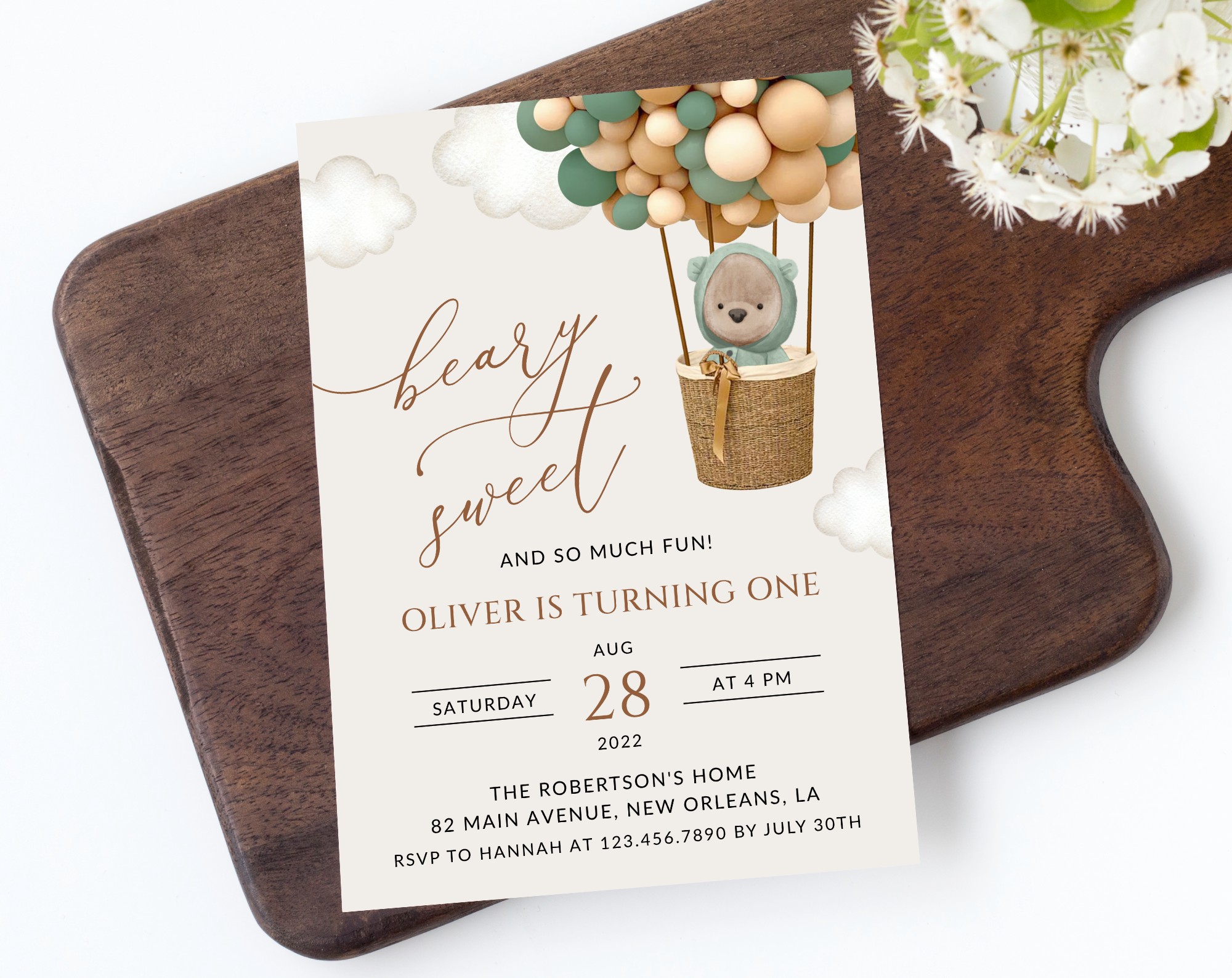 Bear and Green Balloons First Birthday Invitation, Birthday Stationery, Boy Birthday, Printable File, Edit Yourself, SH87