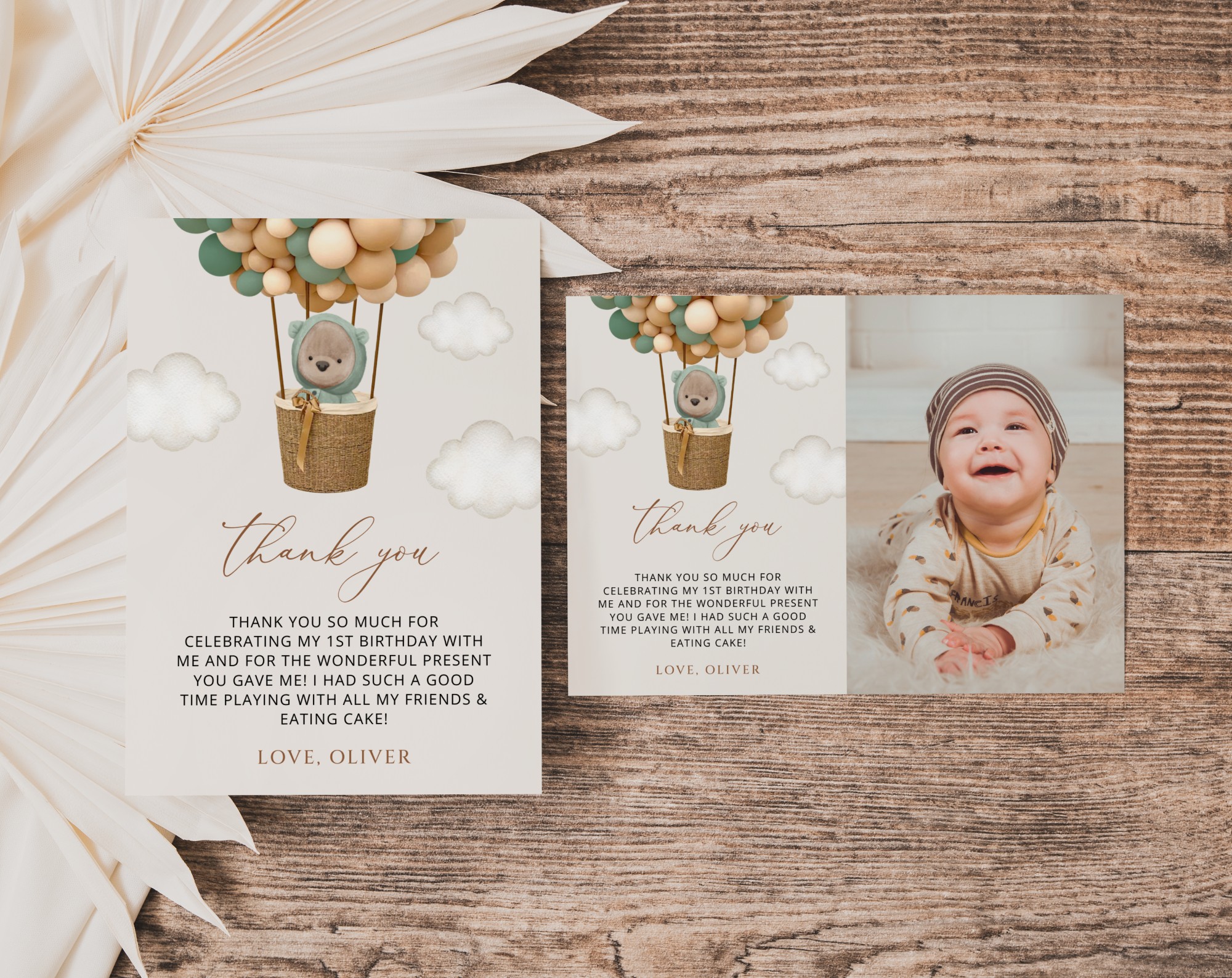 Bear and Green Balloons Thank You Card, First Birthday, Boy Birthday, Printable File, Edit Yourself, SH87