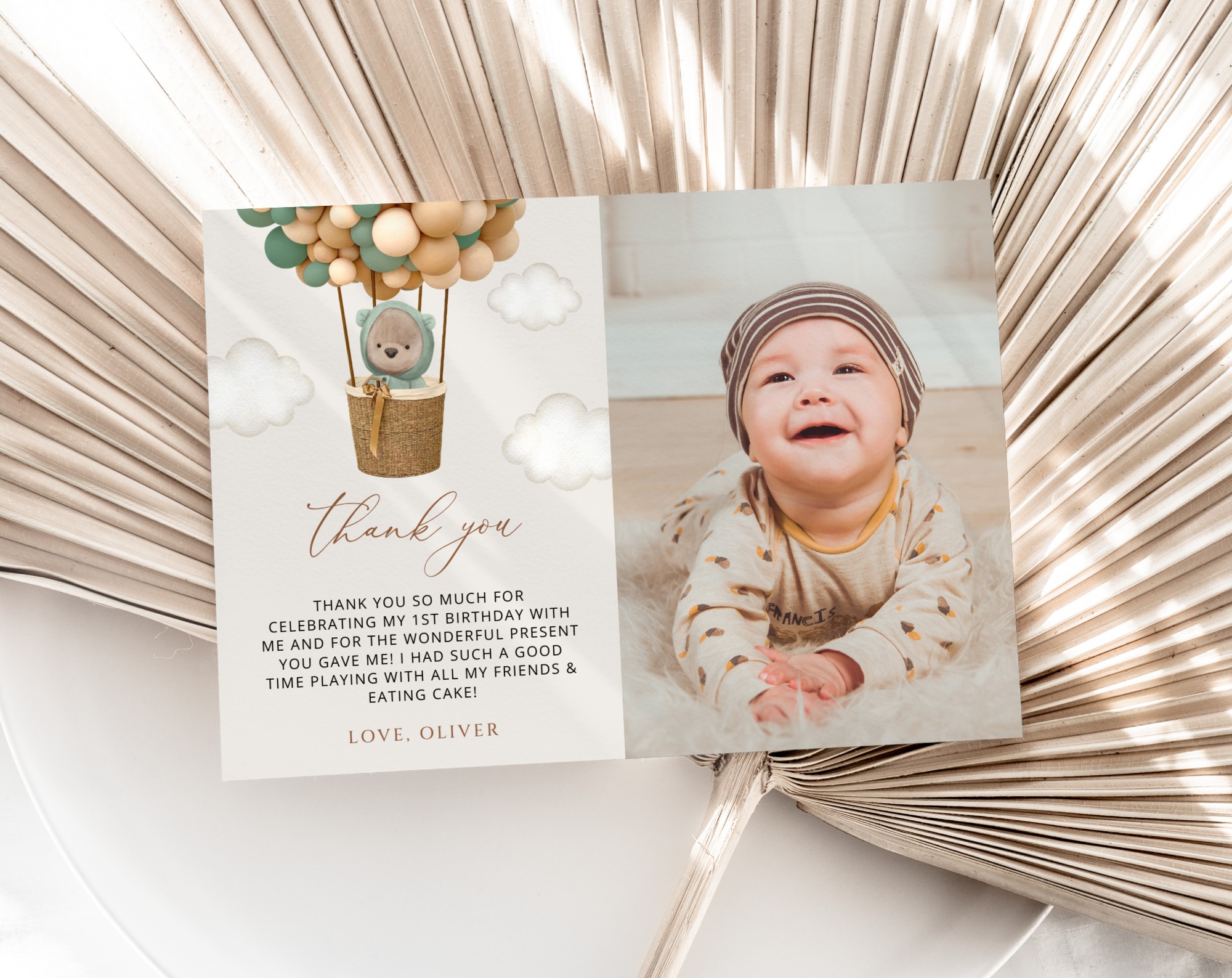 Bear and Green Balloons Thank You Card, First Birthday, Boy Birthday, Printable File, Edit Yourself, SH87 Bear and Green Balloons Thank You Card, First Birthday, Boy Birthday, Printable File, Edit Yourself, SH87