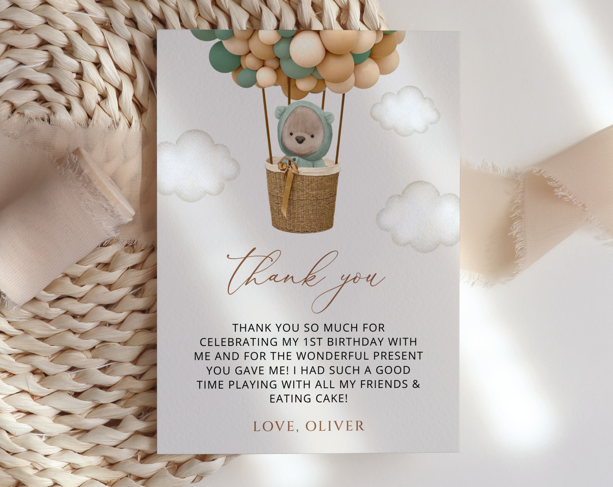 Bear and Green Balloons Thank You Card, First Birthday, Boy Birthday, Printable File, Edit Yourself, SH87 Bear and Green Balloons Thank You Card, First Birthday, Boy Birthday, Printable File, Edit Yourself, SH87