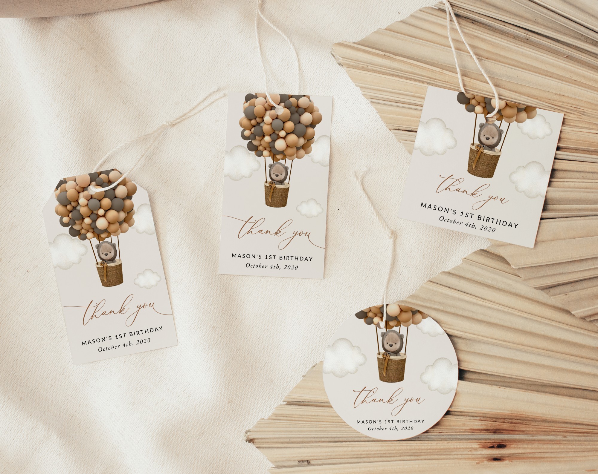 Bear and Brown Balloons Favor Tags, Gift Tags, First Birthday, Boy Birthday, Printable File, Edit Yourself, SH88
