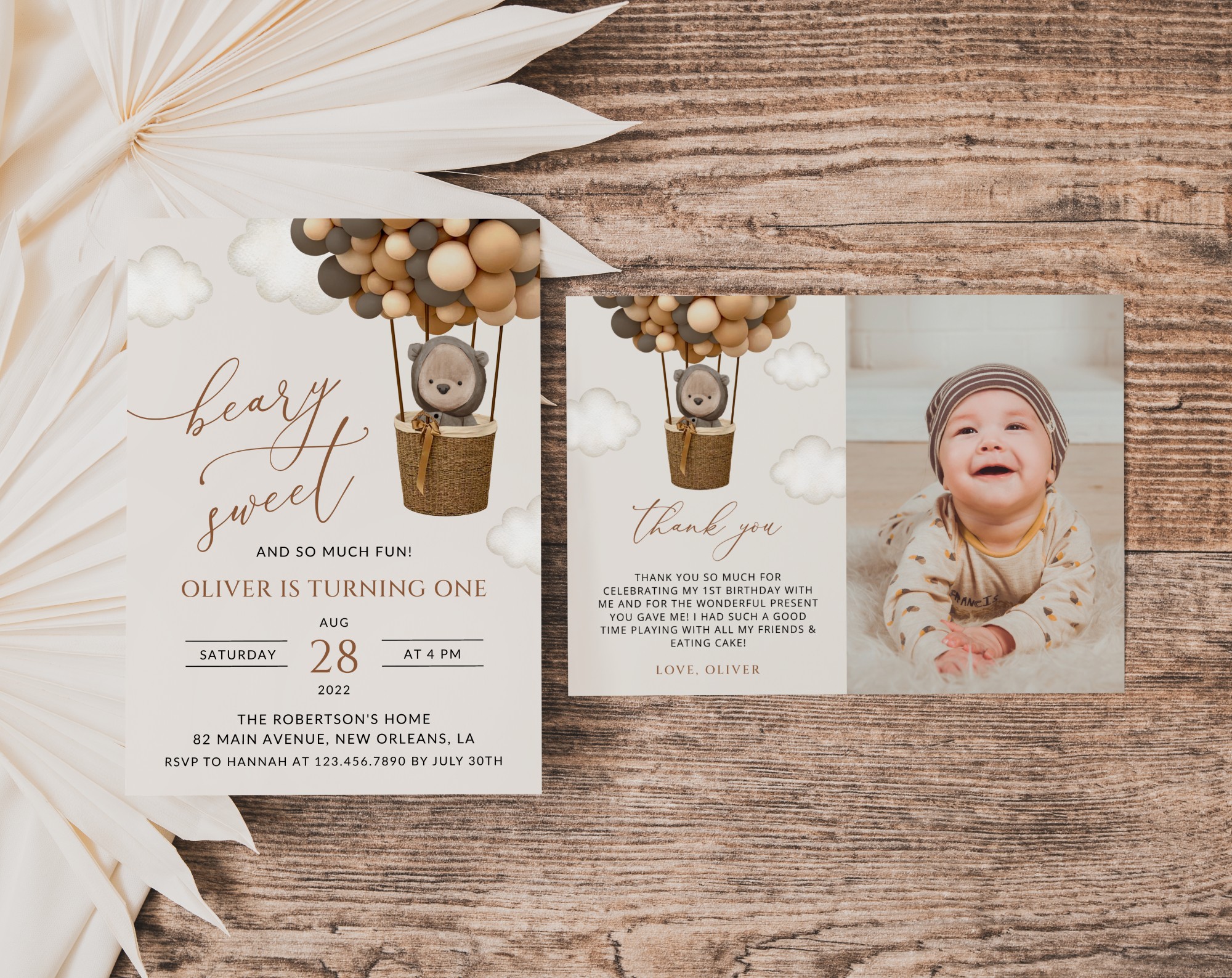 Bear and Brown Balloons Thank You Card, First Birthday, Boy Birthday, Printable File, Edit Yourself, SH88