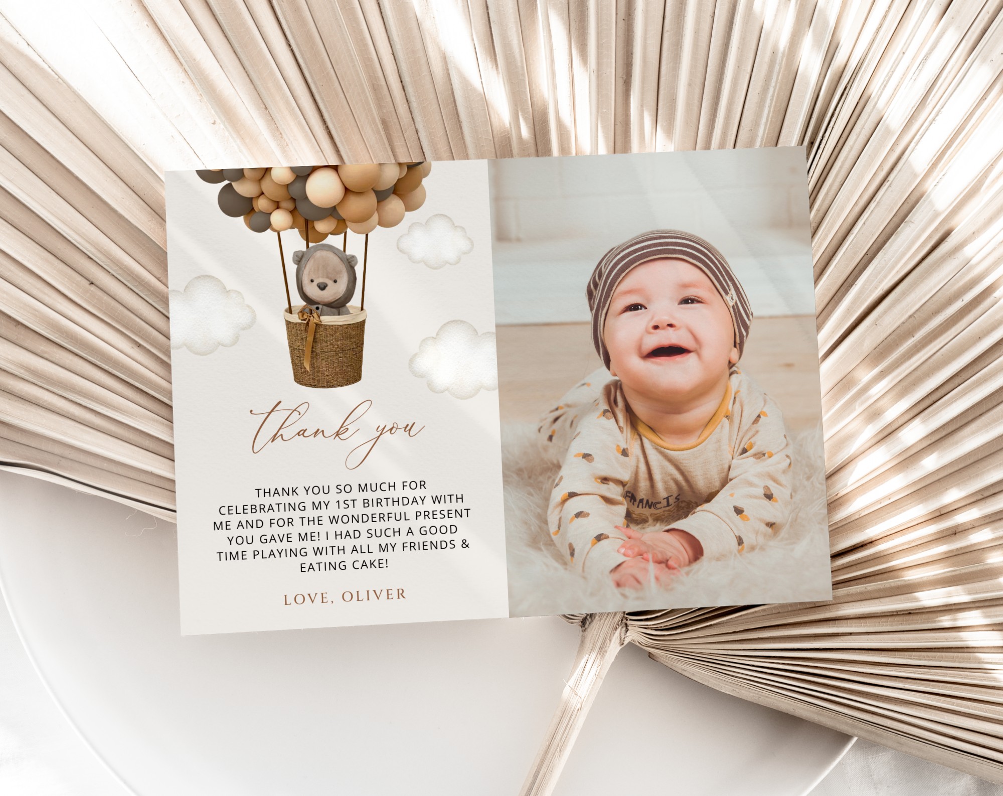 Bear and Brown Balloons Thank You Card, First Birthday, Boy Birthday, Printable File, Edit Yourself, SH88
