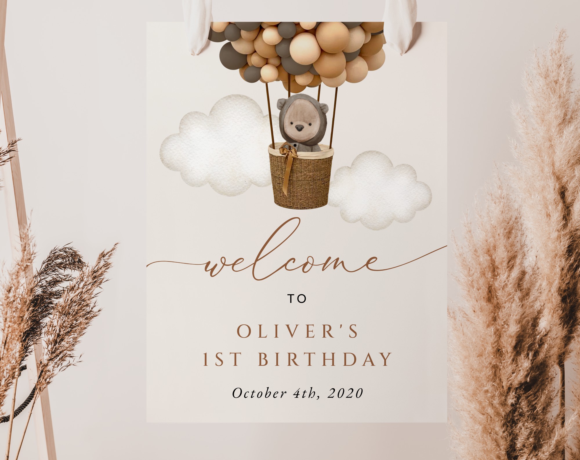 Bear and Brown Balloons Welcome Sign, Birthday Sign, First Birthday, Boy Birthday, Printable File, Edit Yourself, SH88