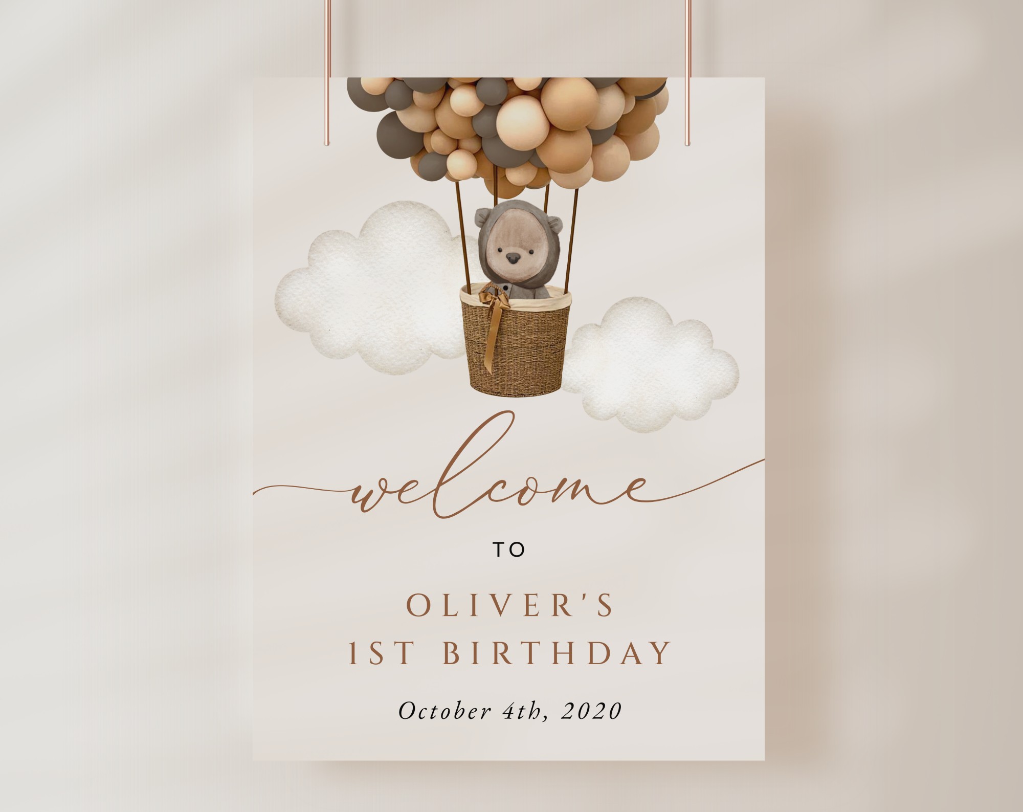 Bear and Brown Balloons Welcome Sign, Birthday Sign, First Birthday, Boy Birthday, Printable File, Edit Yourself, SH88