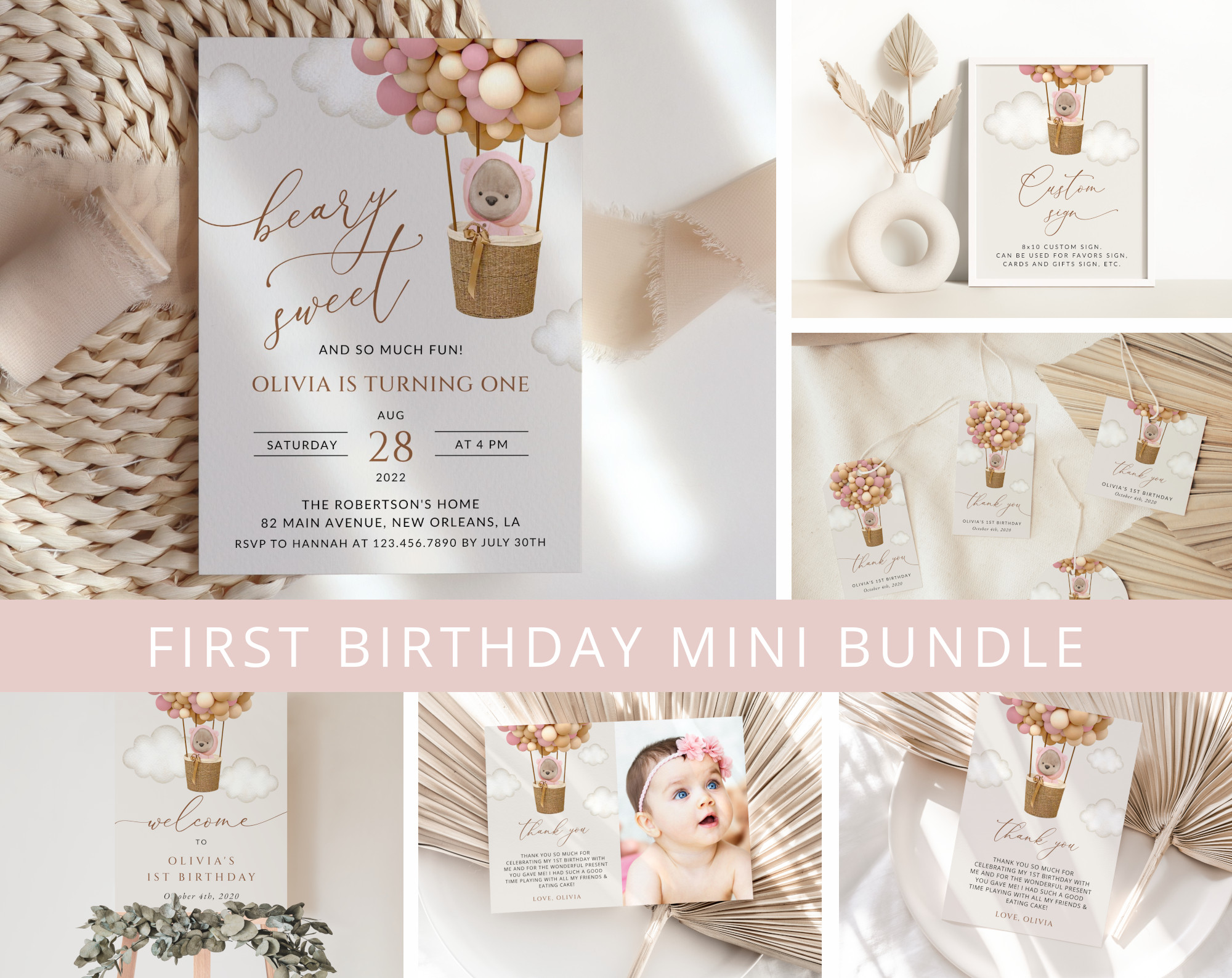 Bear and Pink Balloons First Birthday Mini Bundle, Girl Birthday, Printable File, Edit Yourself, SH89