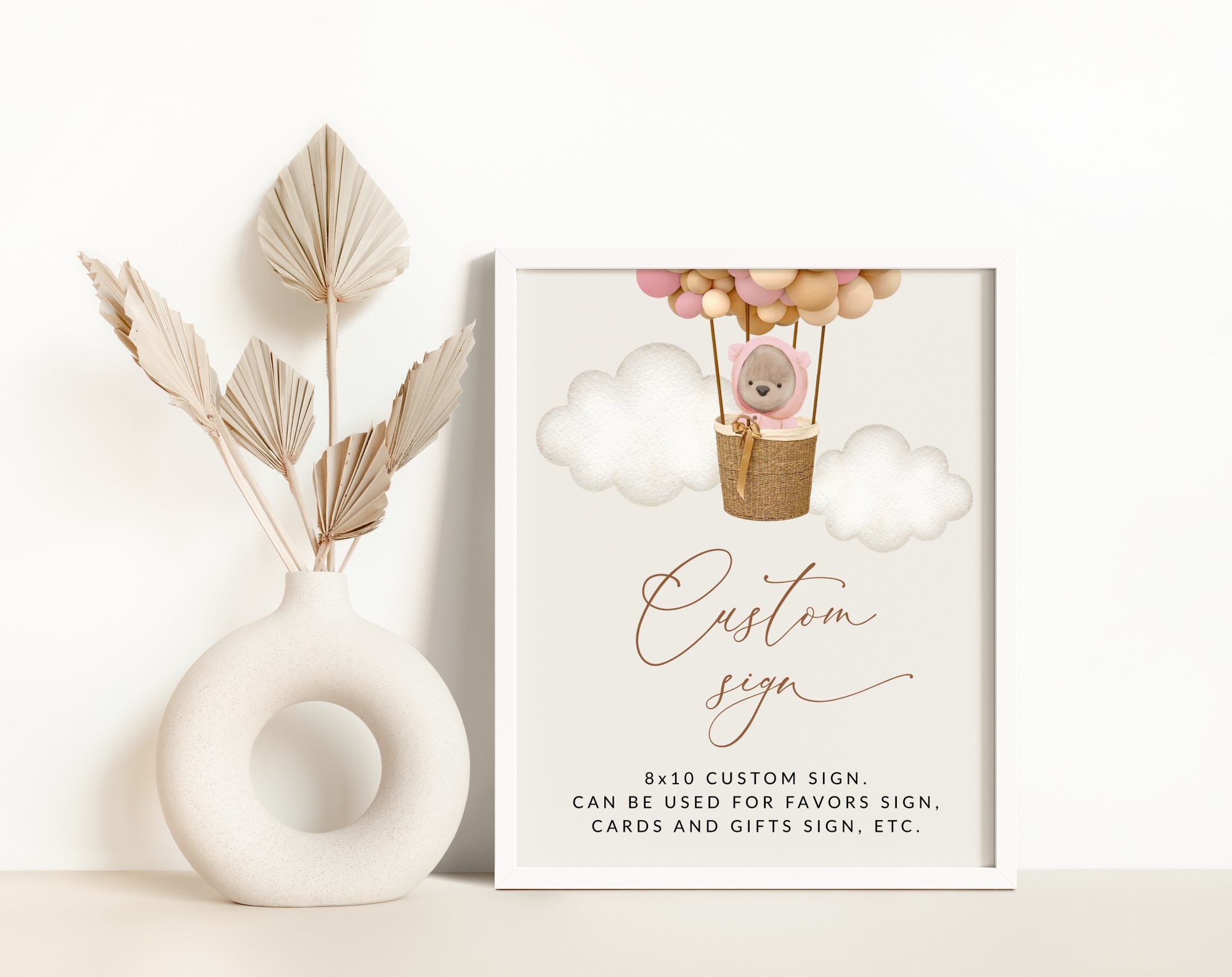 Bear and Pink Balloons Custom Sign, Birthday Sign, First Birthday, Girl Birthday, Printable File, Edit Yourself, SH89